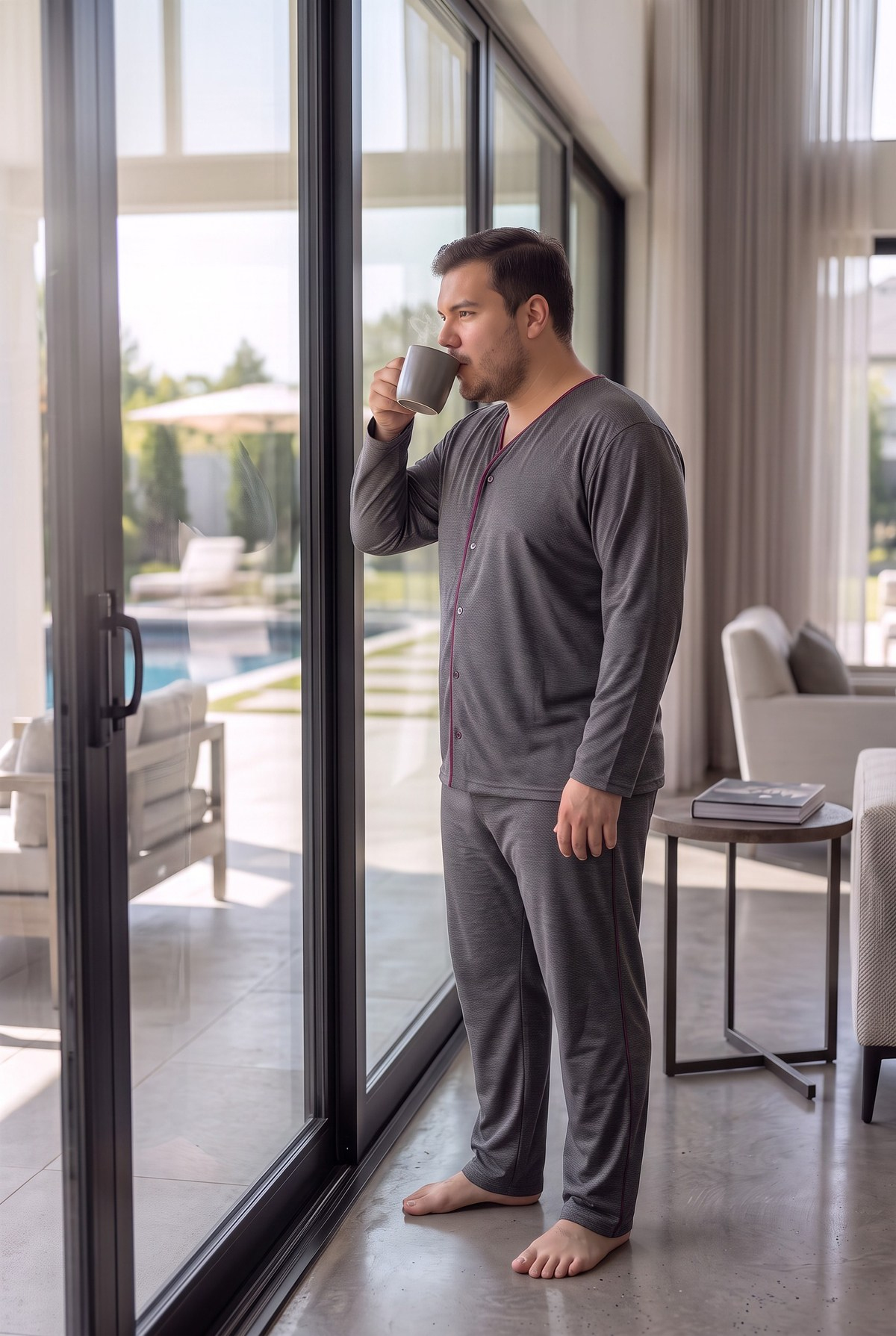 İnterlok Kumaş Önden Düğmeli Uzun Kollu Büyük Beden Erkek Pijama Takımı 8586
