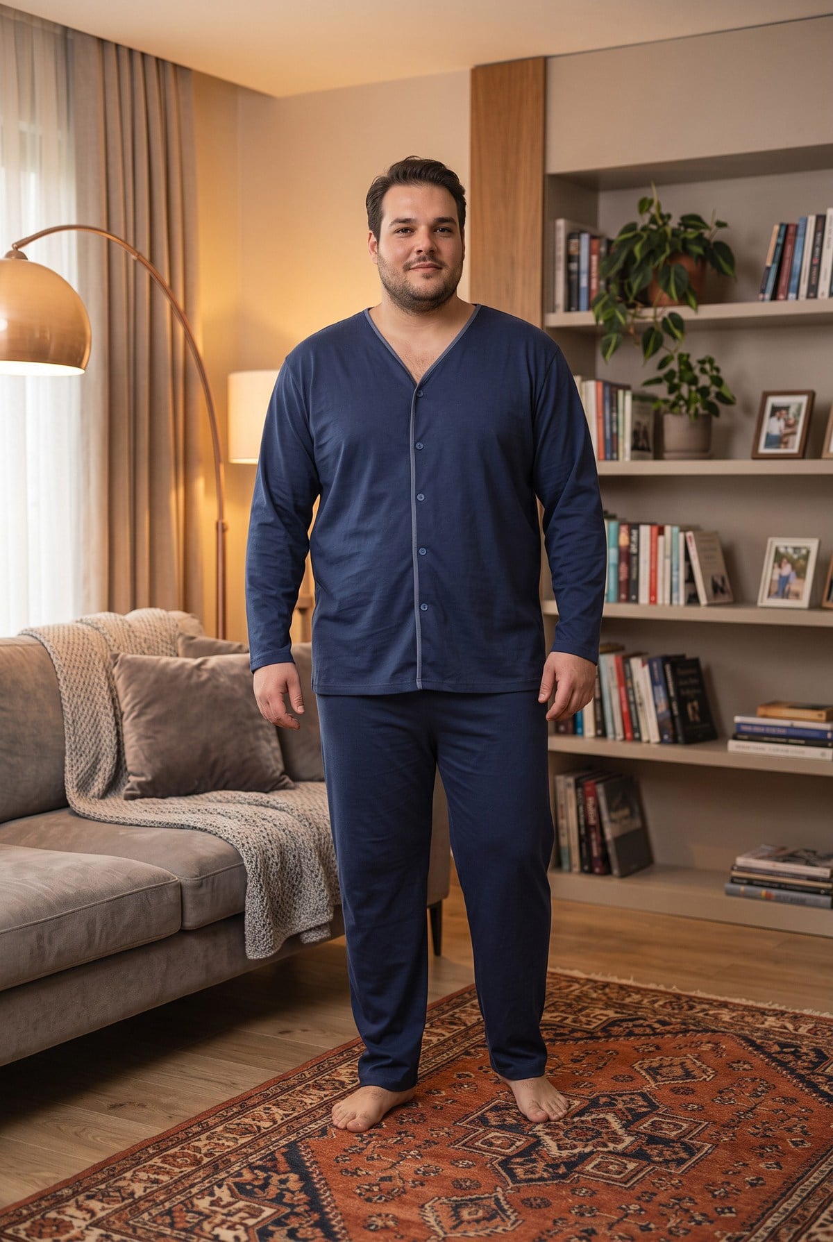 İnterlok Kumaş Önden Düğmeli Uzun Kollu Büyük Beden Erkek Pijama Takımı 8586