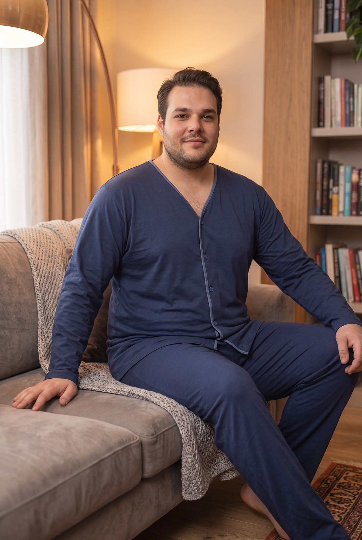 İnterlok Kumaş Önden Düğmeli Uzun Kollu Büyük Beden Erkek Pijama Takımı 8586