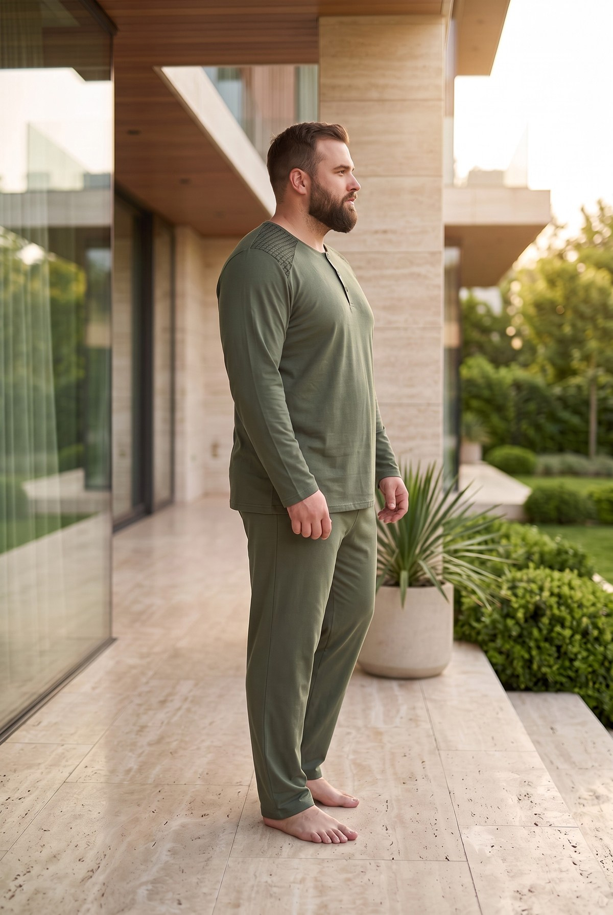 İnterlok Kumaş Yakası Düğmeli Uzun Kollu Büyük Beden Erkek Pijama Takımı 8587