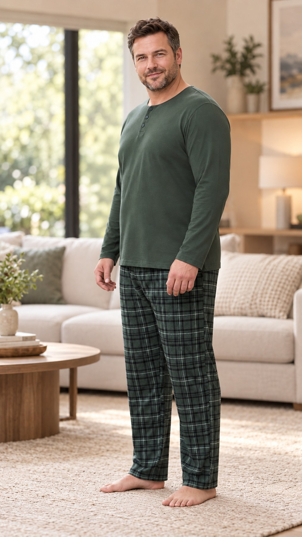 İnterlok Kumaş Yakası Düğmeli Uzun Kollu Büyük Beden Erkek Pijama Takımı 8589