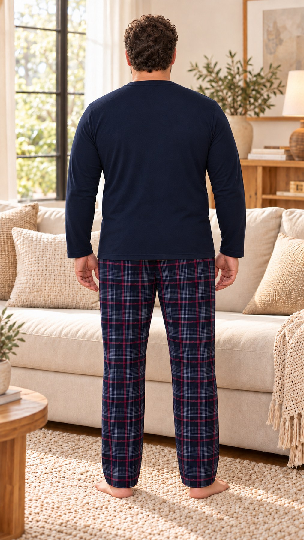 İnterlok Kumaş Yakası Düğmeli Uzun Kollu Büyük Beden Erkek Pijama Takımı 8589