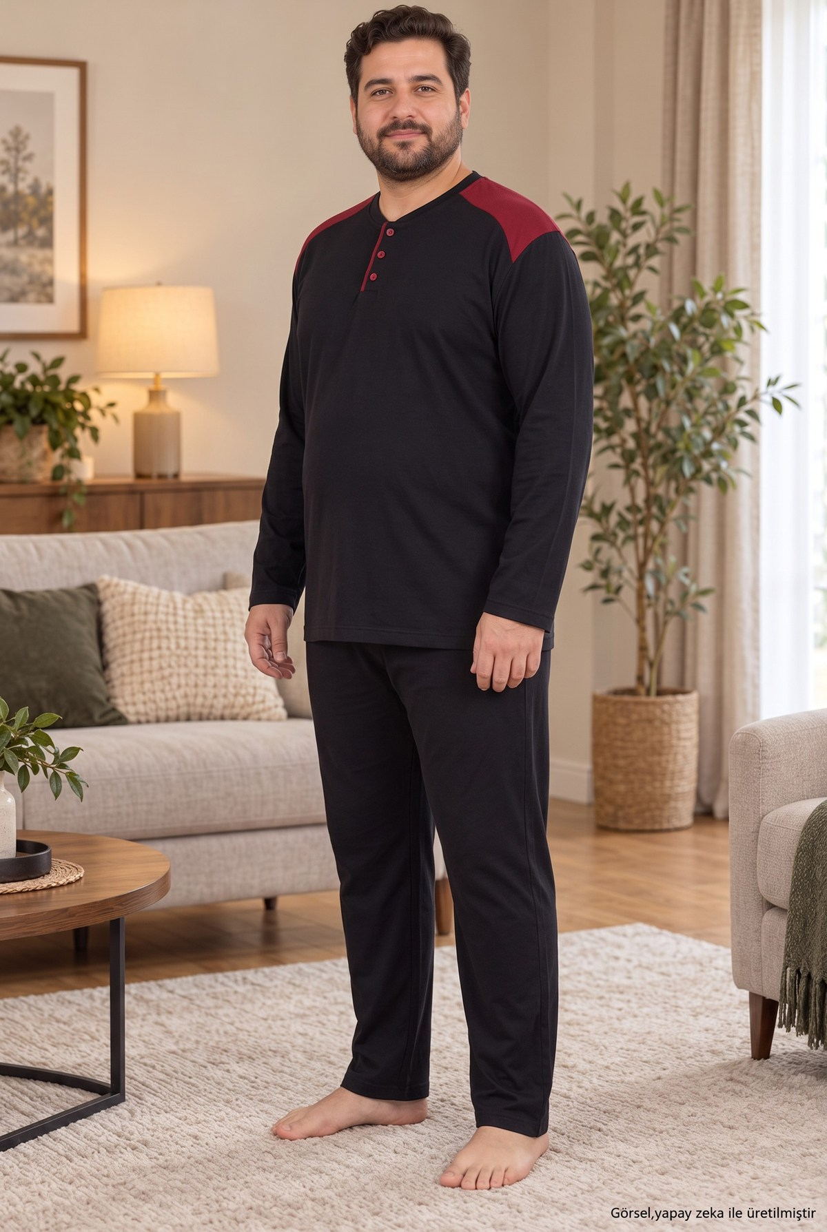 İnterlok Kumaş Yakası Düğmeli Uzun Kollu Büyük Beden Erkek Pijama Takımı 8585