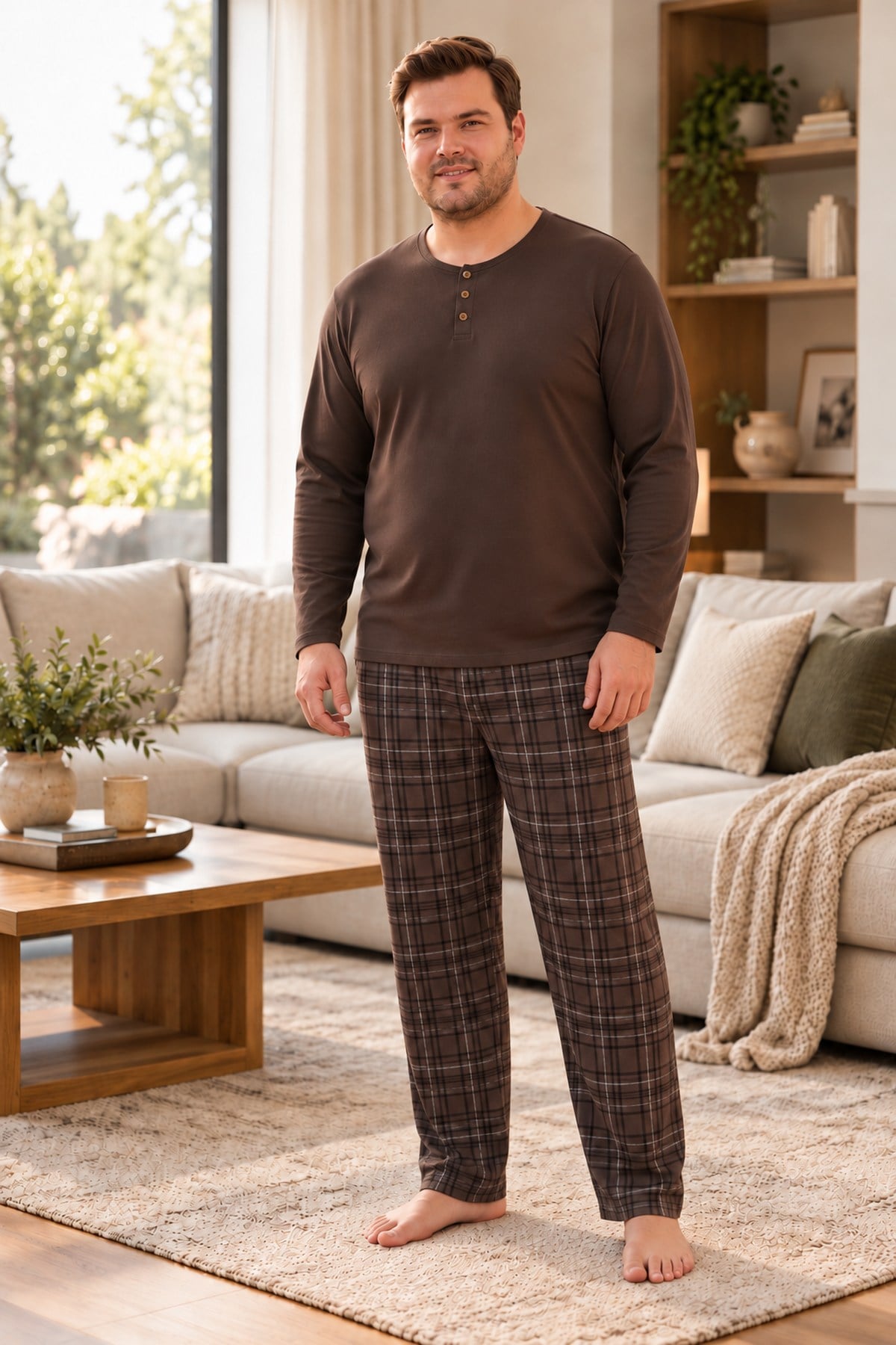 İnterlok Kumaş Yakası Düğmeli Uzun Kollu Büyük Beden Erkek Pijama Takımı 8589