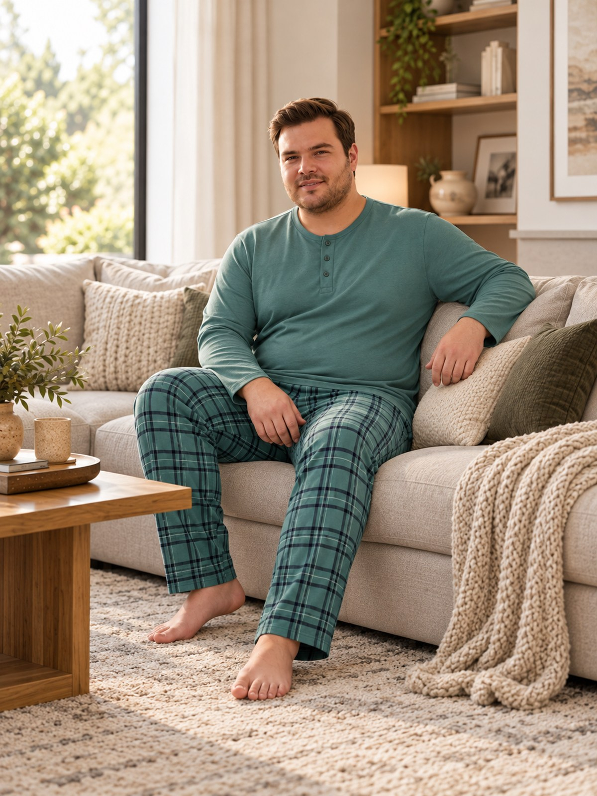 İnterlok Kumaş Yakası Düğmeli Uzun Kollu Büyük Beden Erkek Pijama Takımı 8589