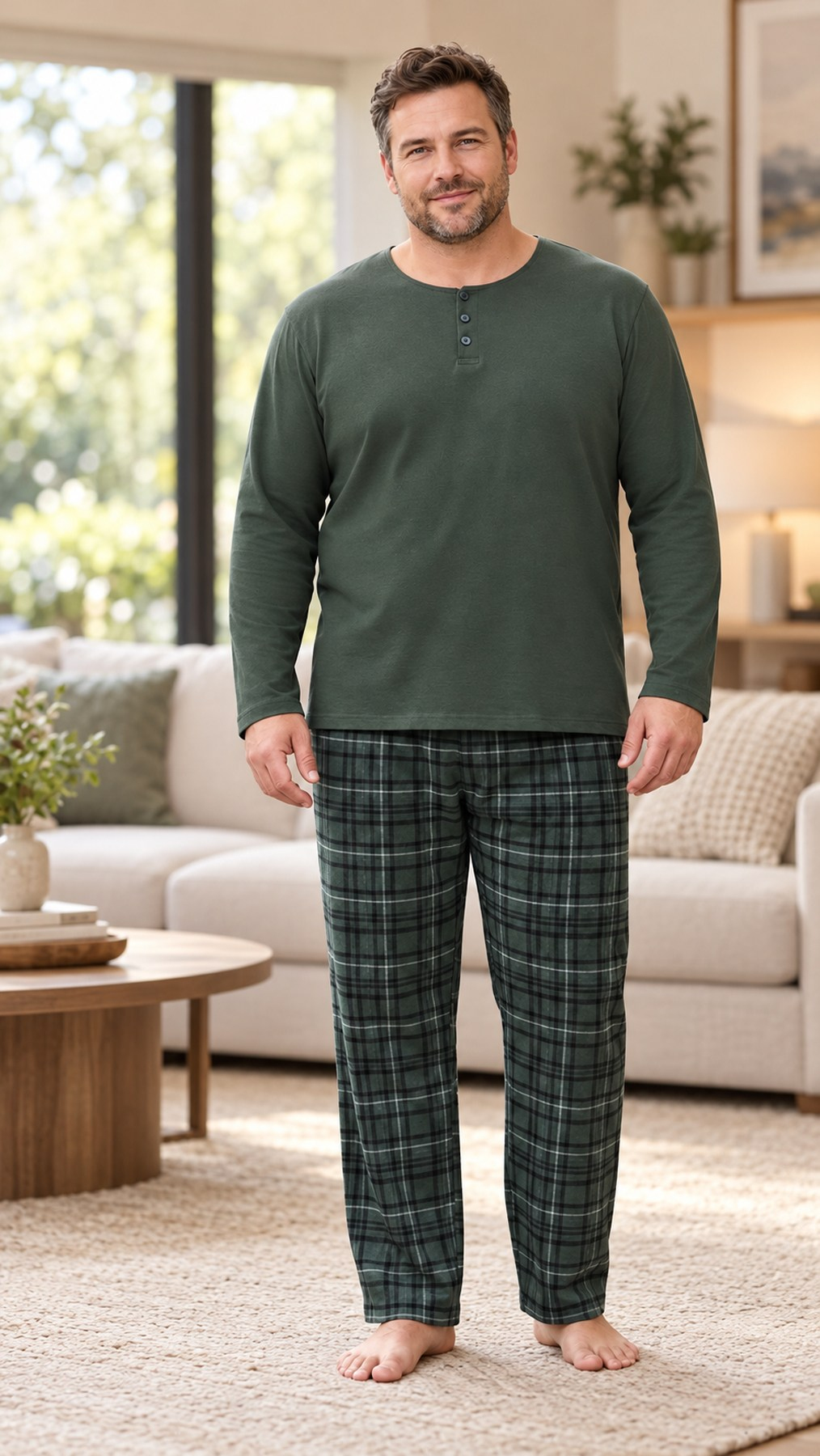 İnterlok Kumaş Yakası Düğmeli Uzun Kollu Büyük Beden Erkek Pijama Takımı 8589
