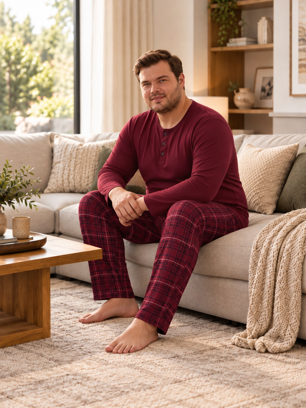 İnterlok Kumaş Yakası Düğmeli Uzun Kollu Büyük Beden Erkek Pijama Takımı 8589