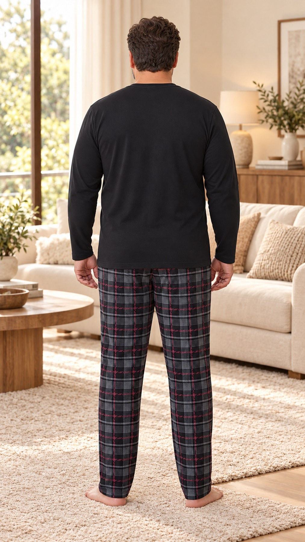 İnterlok Kumaş Yakası Düğmeli Uzun Kollu Büyük Beden Erkek Pijama Takımı 8589