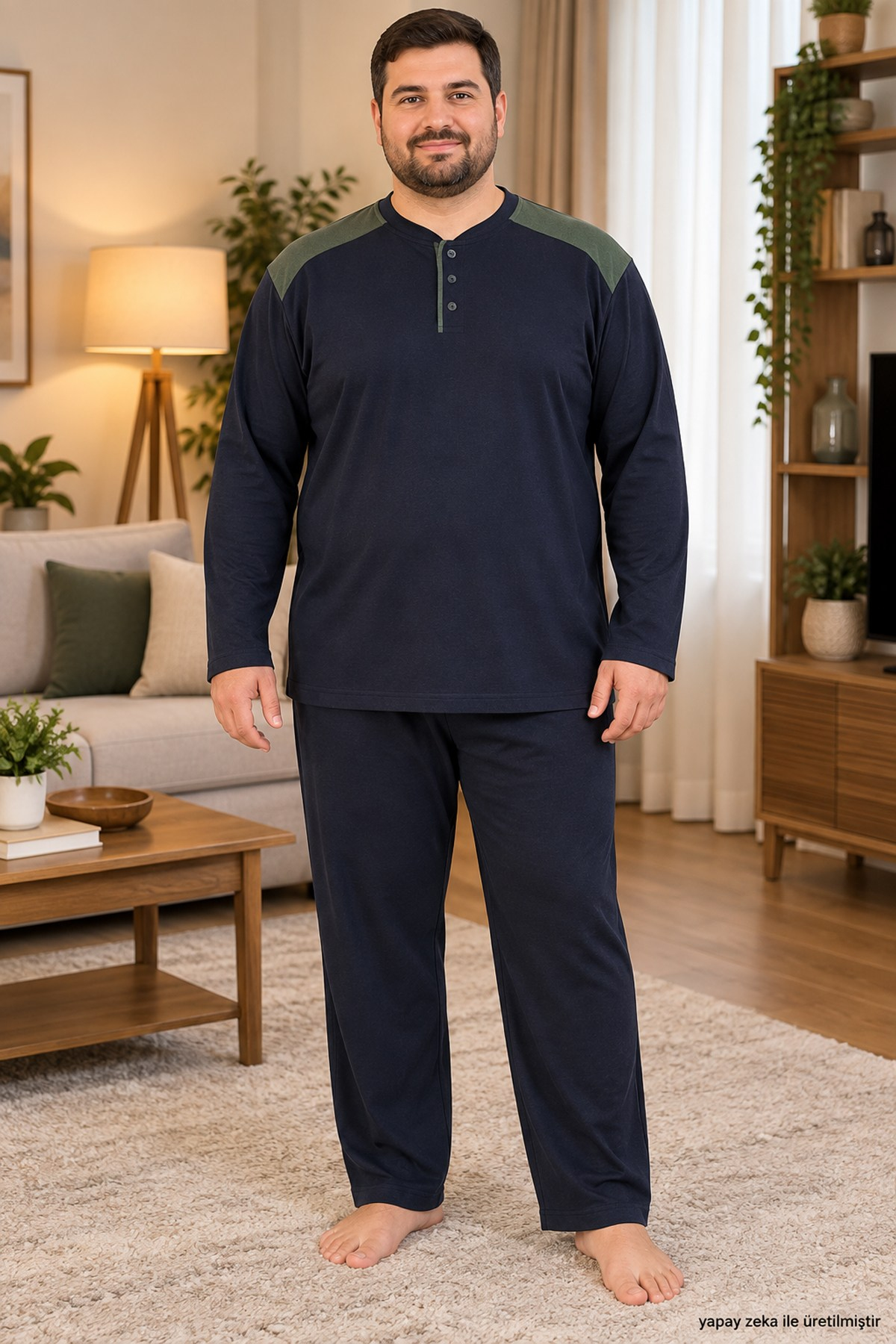 İnterlok Kumaş Yakası Düğmeli Uzun Kollu Büyük Beden Erkek Pijama Takımı 8585