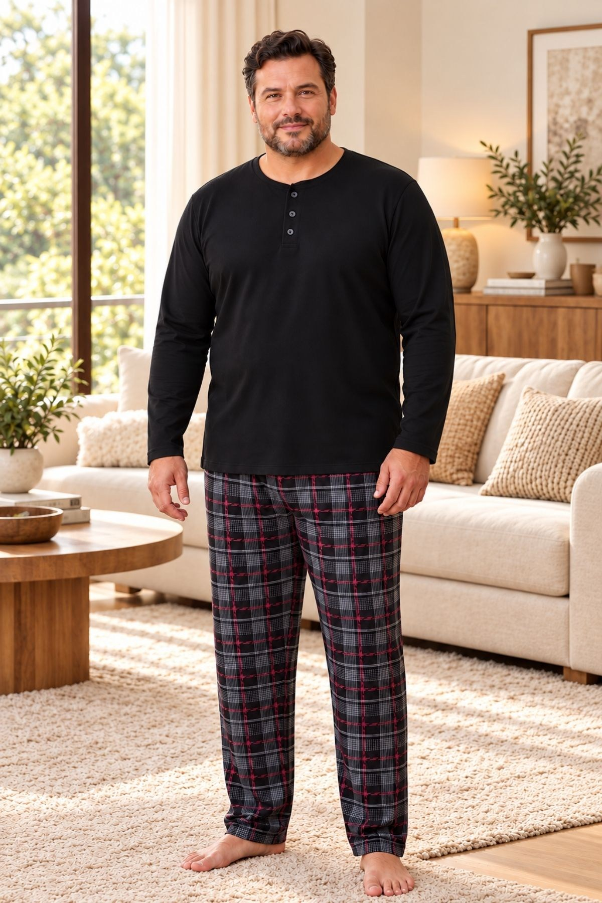 İnterlok Kumaş Yakası Düğmeli Uzun Kollu Büyük Beden Erkek Pijama Takımı 8589