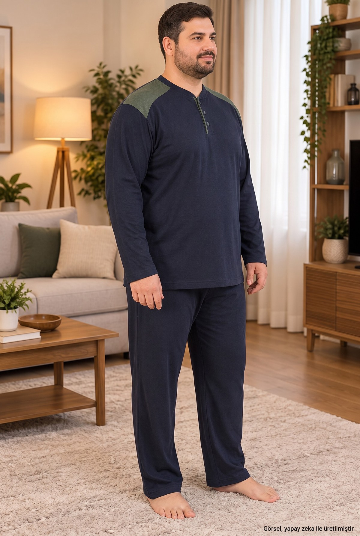 İnterlok Kumaş Yakası Düğmeli Uzun Kollu Büyük Beden Erkek Pijama Takımı 8585