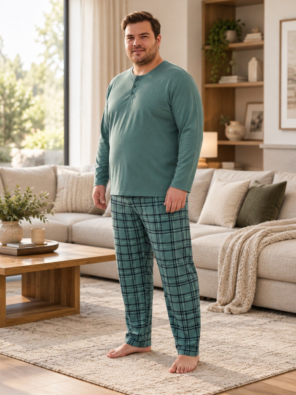 İnterlok Kumaş Yakası Düğmeli Uzun Kollu Büyük Beden Erkek Pijama Takımı 8589
