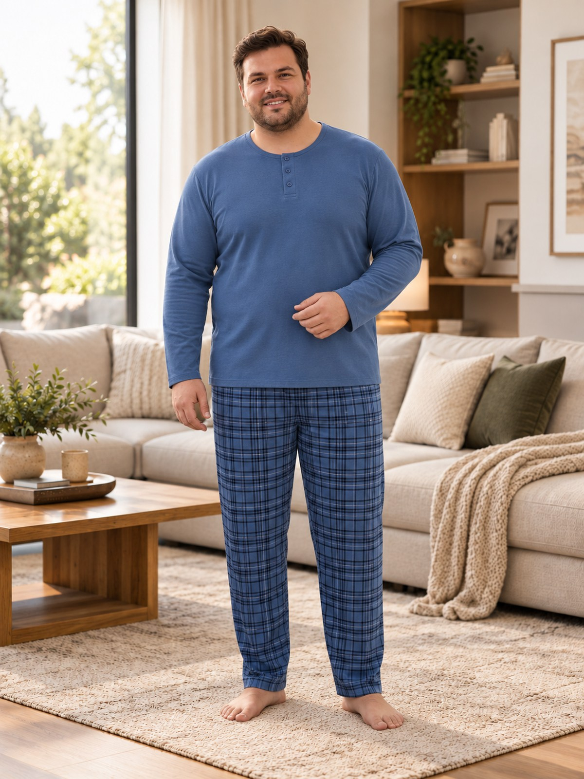 İnterlok Kumaş Yakası Düğmeli Uzun Kollu Büyük Beden Erkek Pijama Takımı 8589