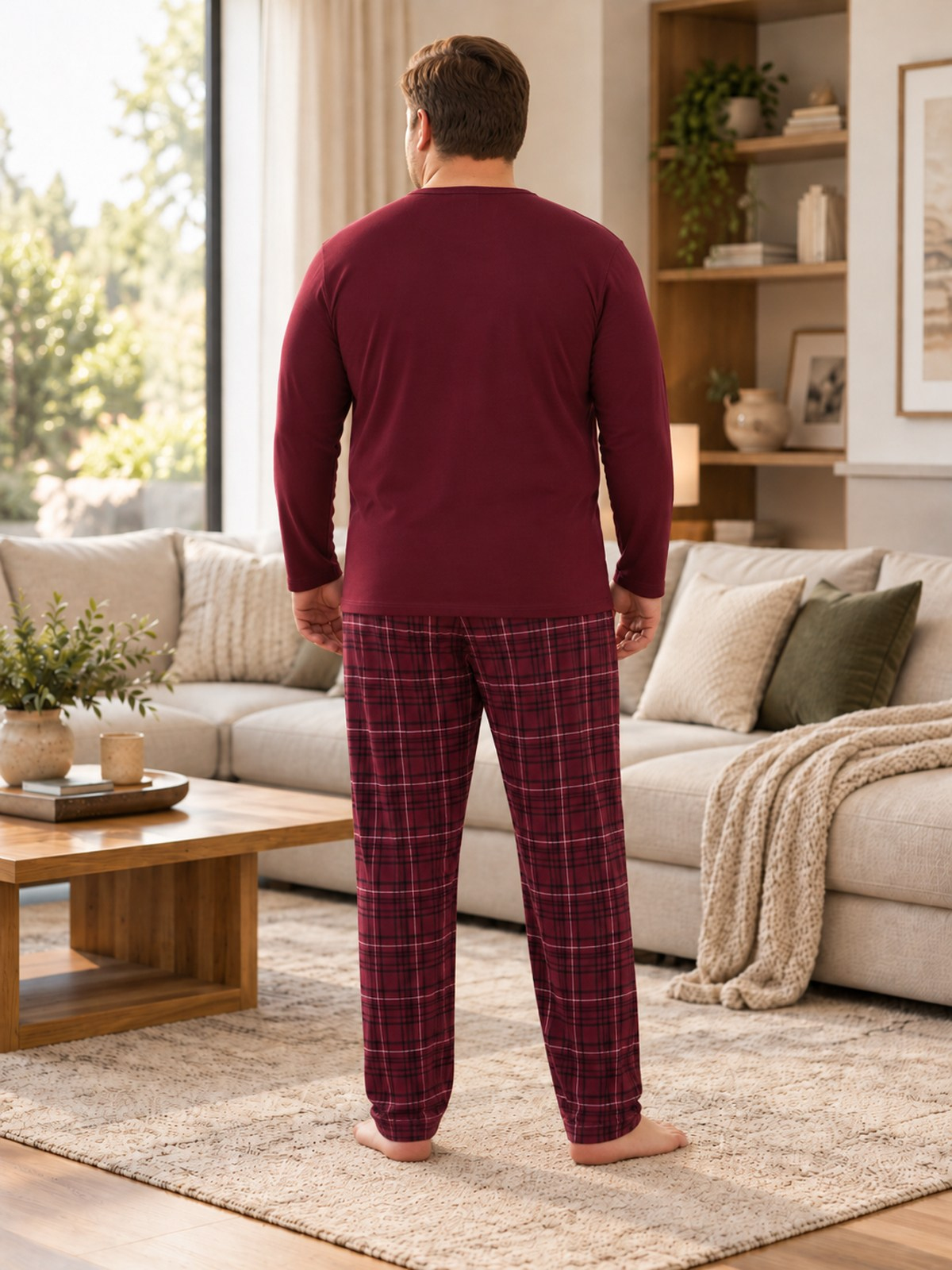 İnterlok Kumaş Yakası Düğmeli Uzun Kollu Büyük Beden Erkek Pijama Takımı 8589
