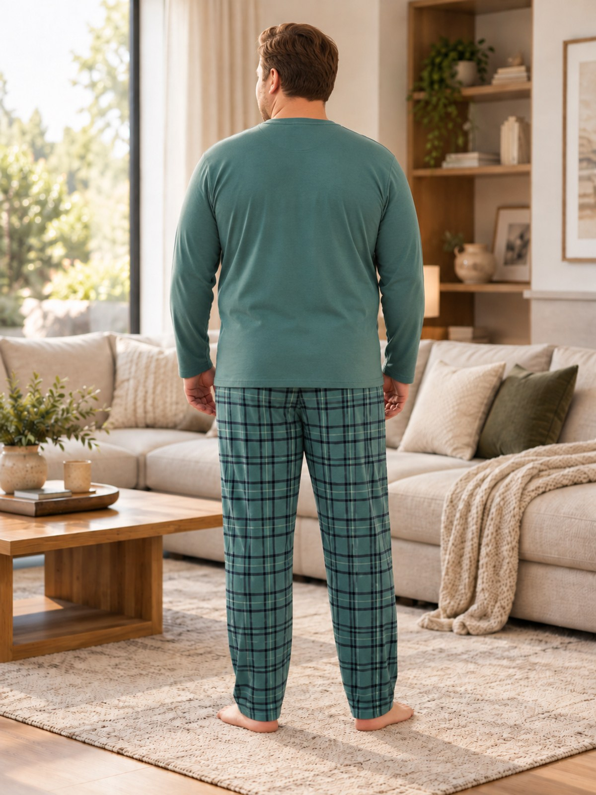 İnterlok Kumaş Yakası Düğmeli Uzun Kollu Büyük Beden Erkek Pijama Takımı 8589