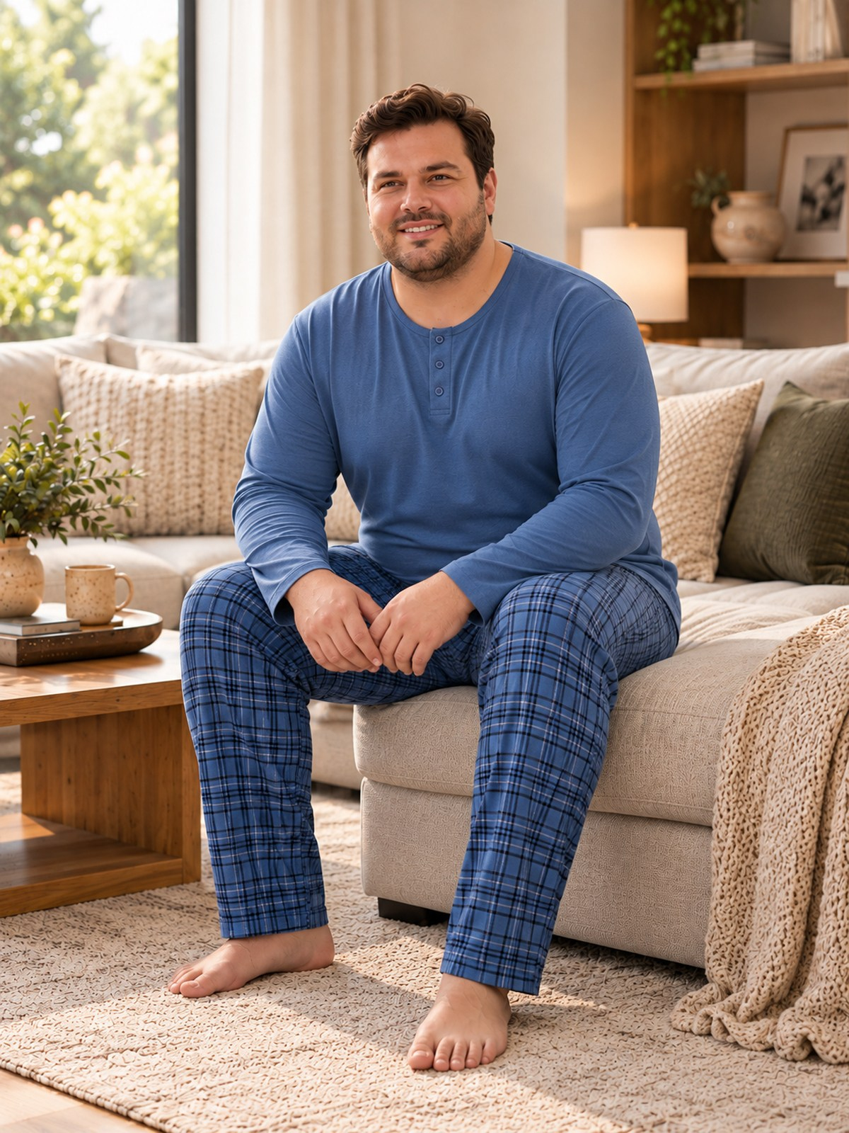 İnterlok Kumaş Yakası Düğmeli Uzun Kollu Büyük Beden Erkek Pijama Takımı 8589