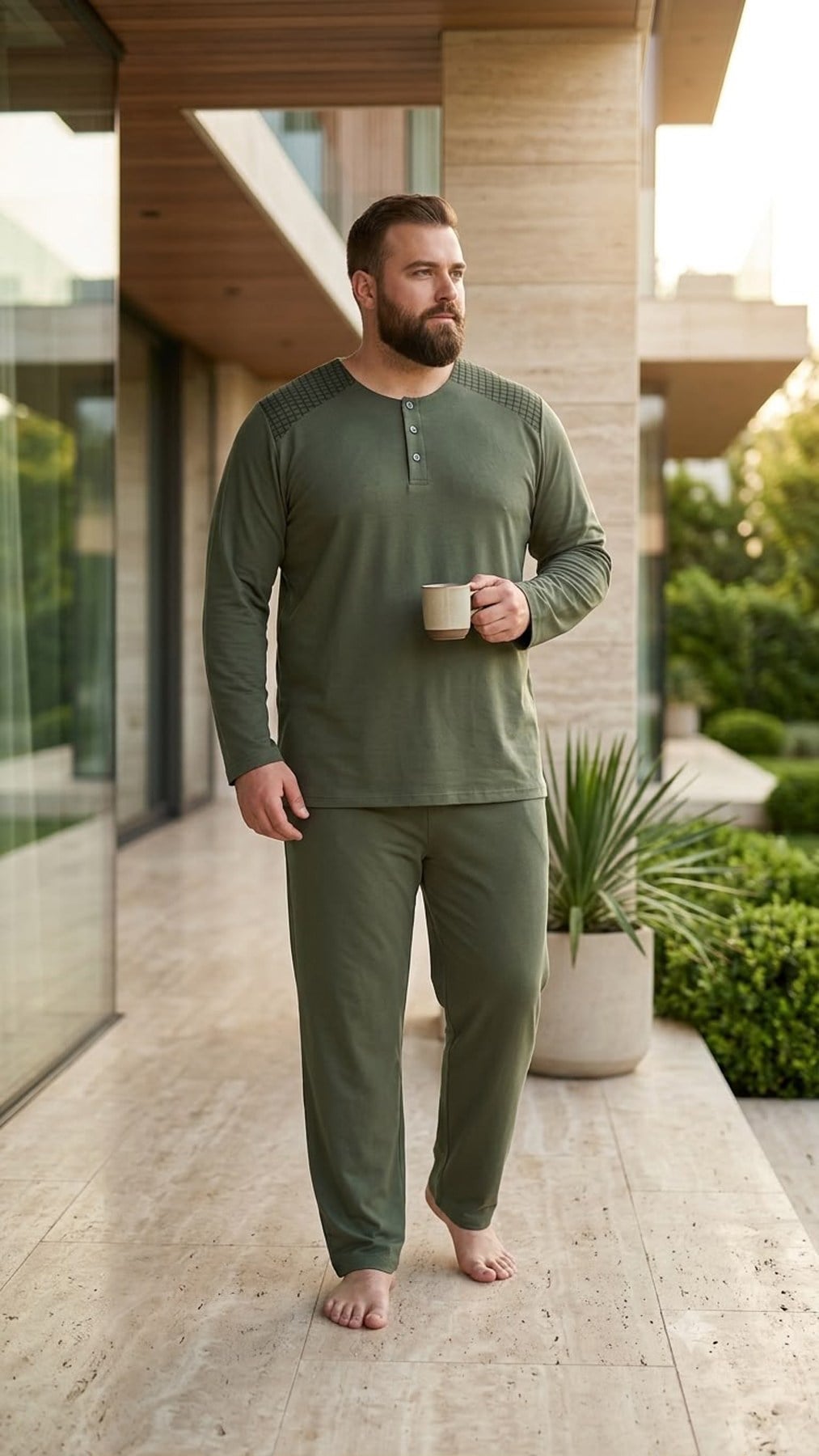 İnterlok Kumaş Yakası Düğmeli Uzun Kollu Büyük Beden Erkek Pijama Takımı 8587