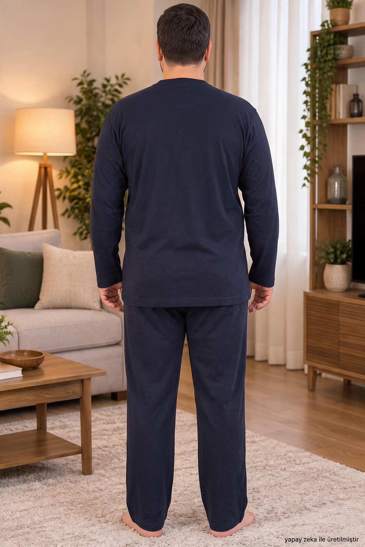 İnterlok Kumaş Yakası Düğmeli Uzun Kollu Büyük Beden Erkek Pijama Takımı 8585