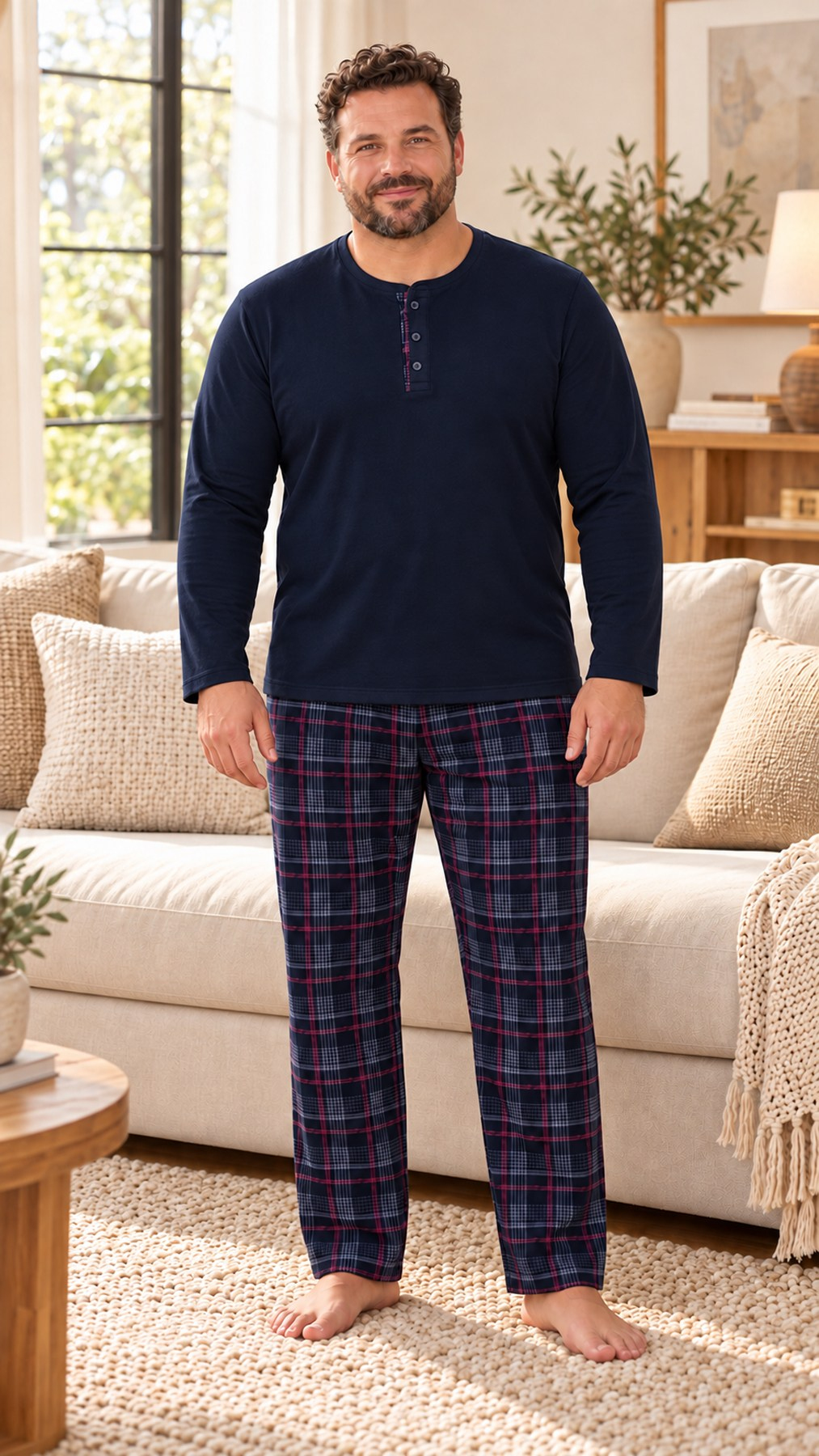 İnterlok Kumaş Yakası Düğmeli Uzun Kollu Büyük Beden Erkek Pijama Takımı 8589