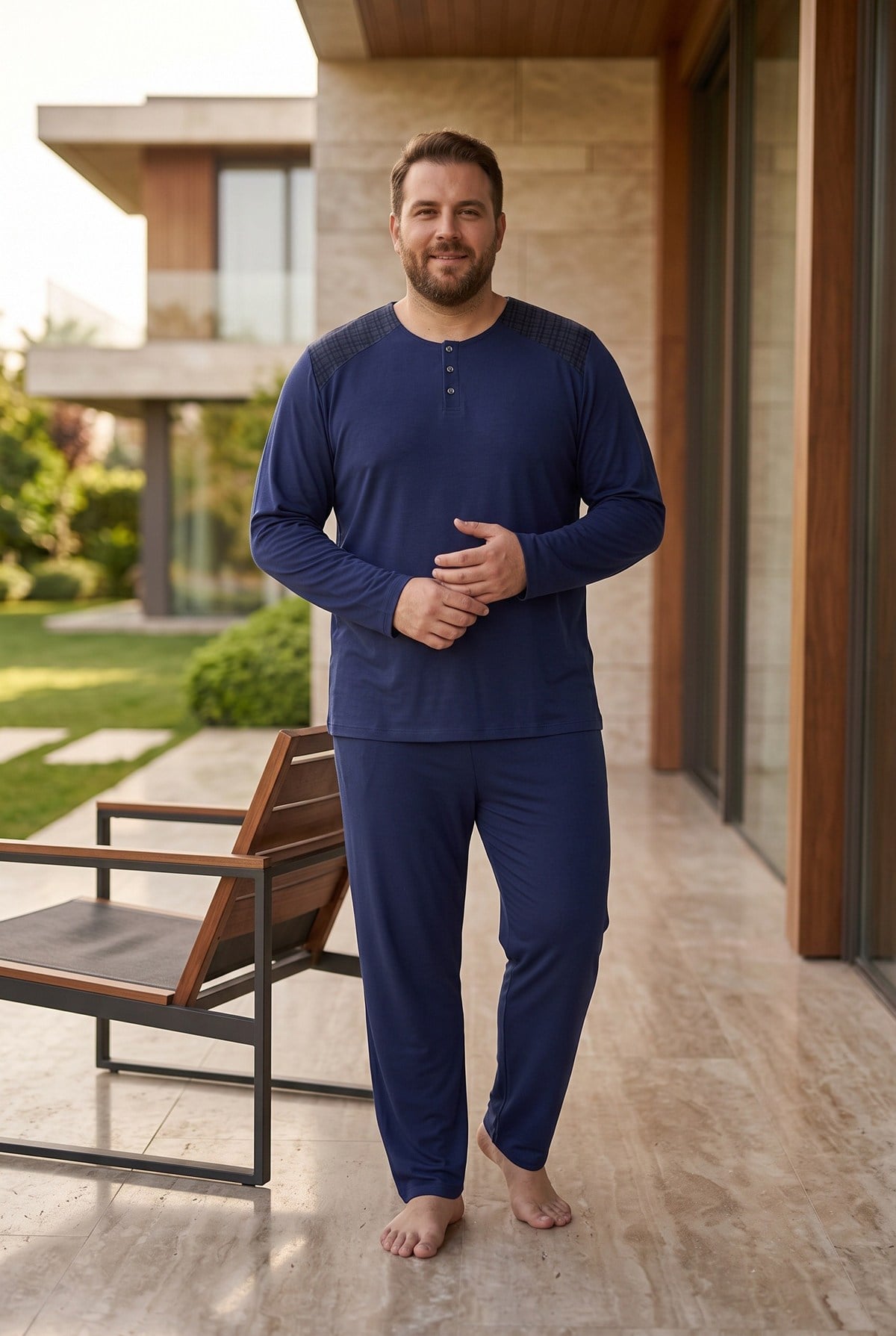 İnterlok Kumaş Yakası Düğmeli Uzun Kollu Büyük Beden Erkek Pijama Takımı 8587