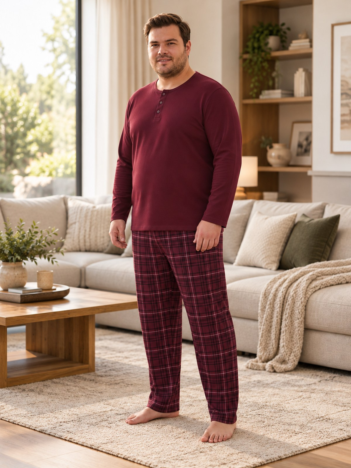 İnterlok Kumaş Yakası Düğmeli Uzun Kollu Büyük Beden Erkek Pijama Takımı 8589