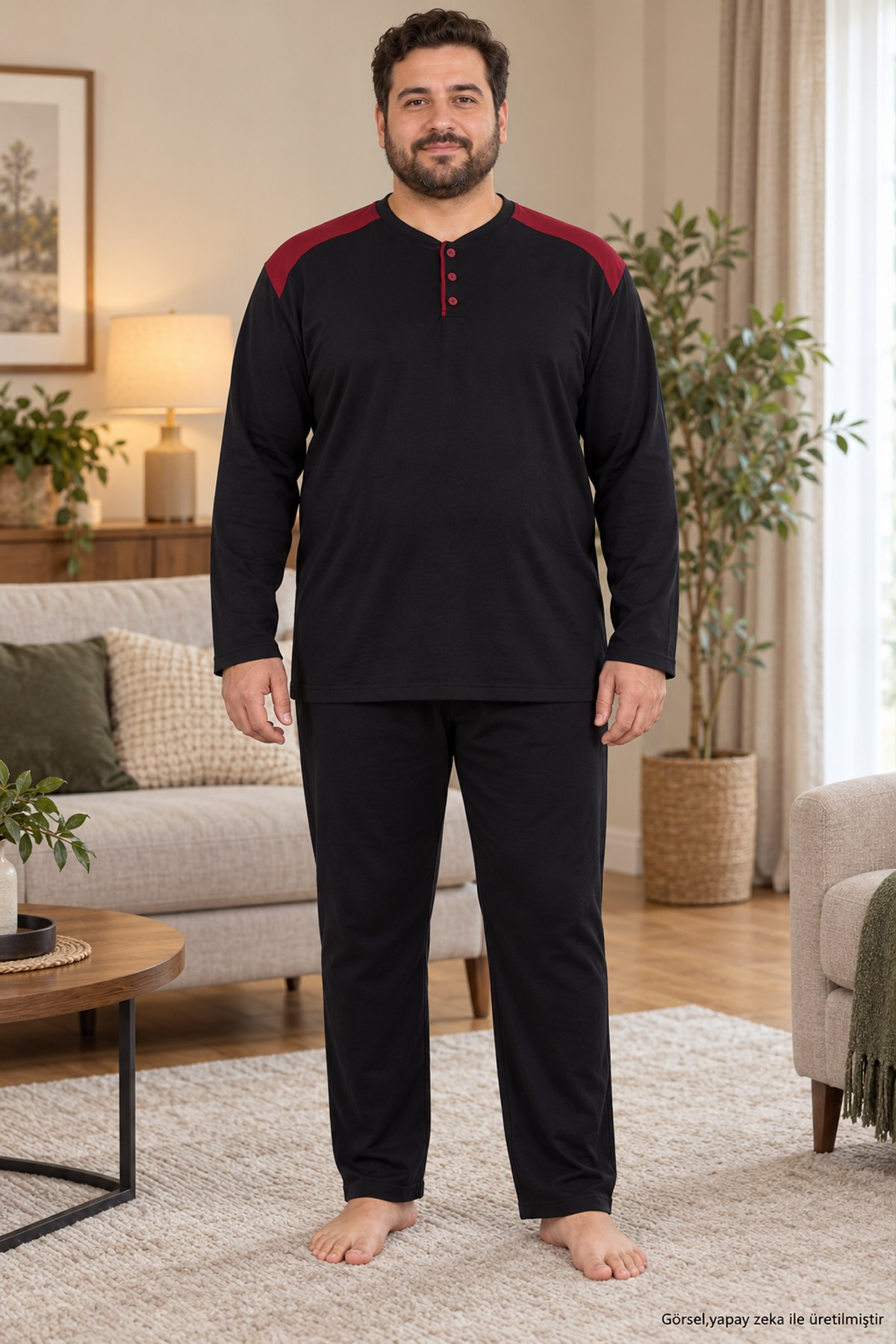 İnterlok Kumaş Yakası Düğmeli Uzun Kollu Büyük Beden Erkek Pijama Takımı 8585