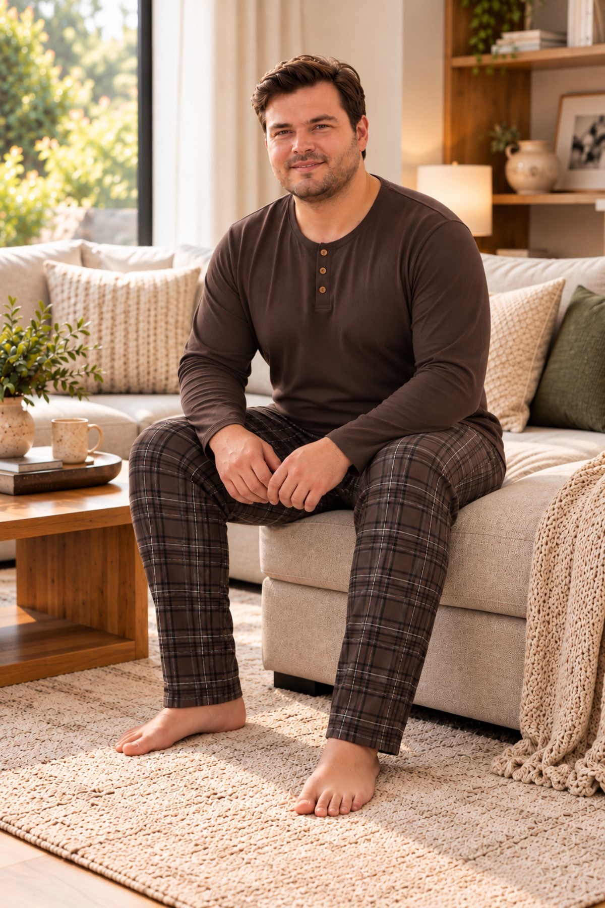 İnterlok Kumaş Yakası Düğmeli Uzun Kollu Büyük Beden Erkek Pijama Takımı 8589