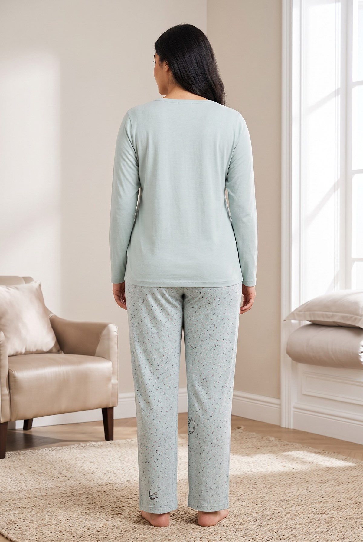 Mevsimlik Kumaş Bisiklet Yaka Uzun Kollu Büyük Beden Kadın Pijama Takımı 400