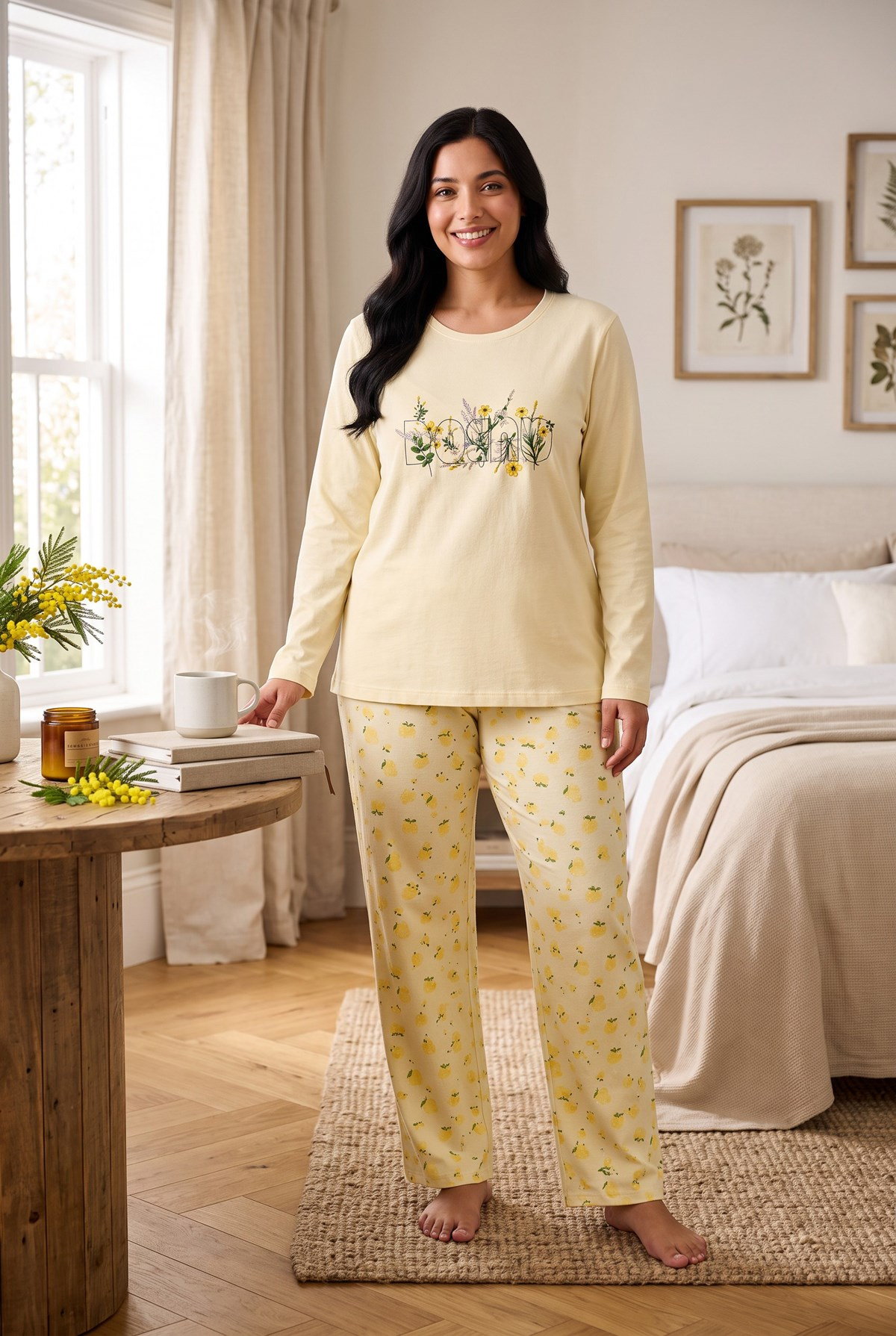 Mevsimlik Kumaş Bisiklet Yaka Uzun Kollu Büyük Beden Kadın Pijama Takımı 400