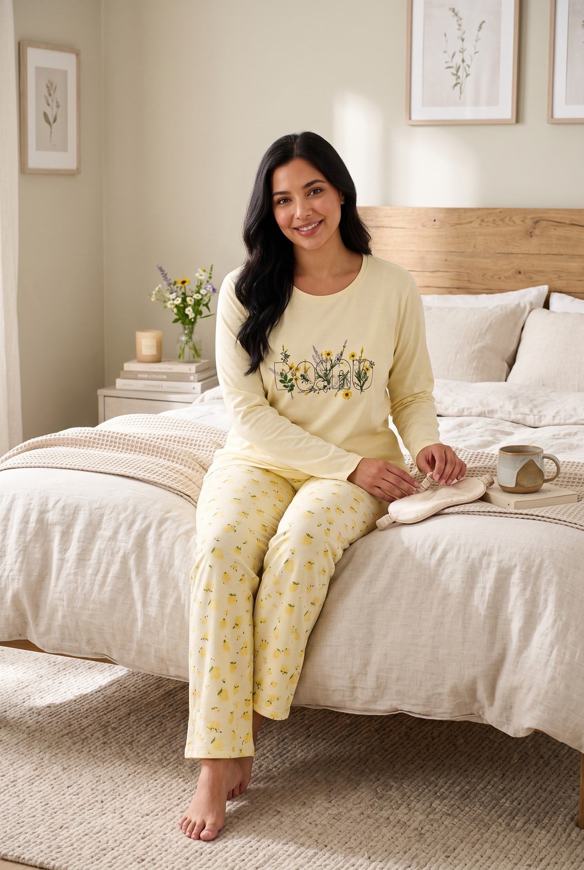Mevsimlik Kumaş Bisiklet Yaka Uzun Kollu Büyük Beden Kadın Pijama Takımı 400