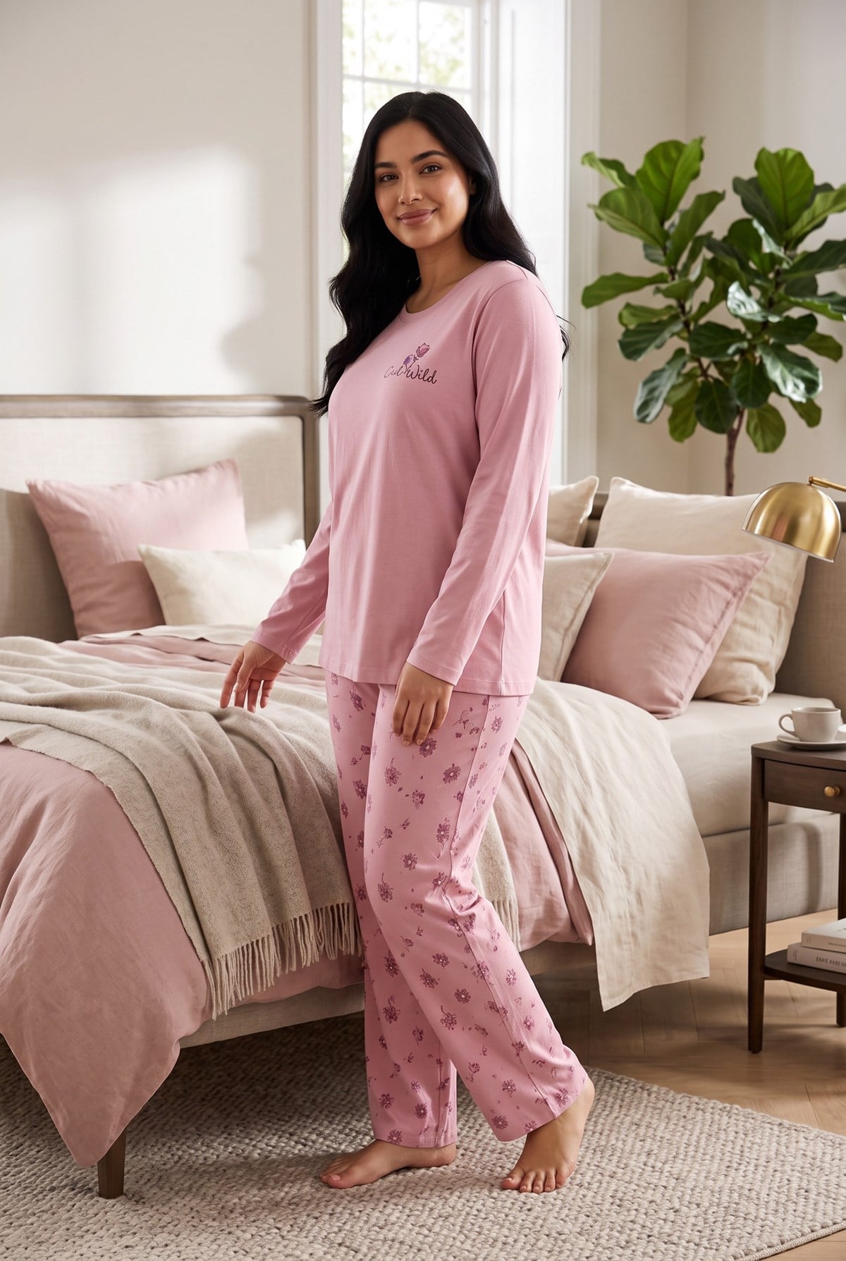 Mevsimlik Kumaş Bisiklet Yaka Uzun Kollu Büyük Beden Kadın Pijama Takımı 400