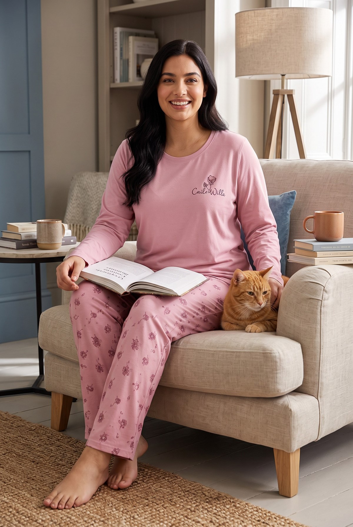 Mevsimlik Kumaş Bisiklet Yaka Uzun Kollu Büyük Beden Kadın Pijama Takımı 400