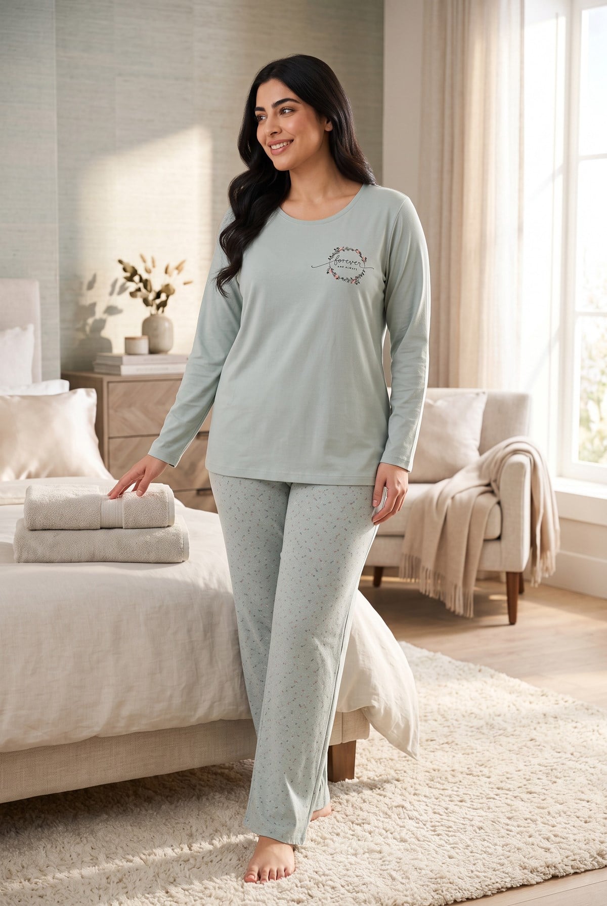 Mevsimlik Kumaş Bisiklet Yaka Uzun Kollu Büyük Beden Kadın Pijama Takımı 400