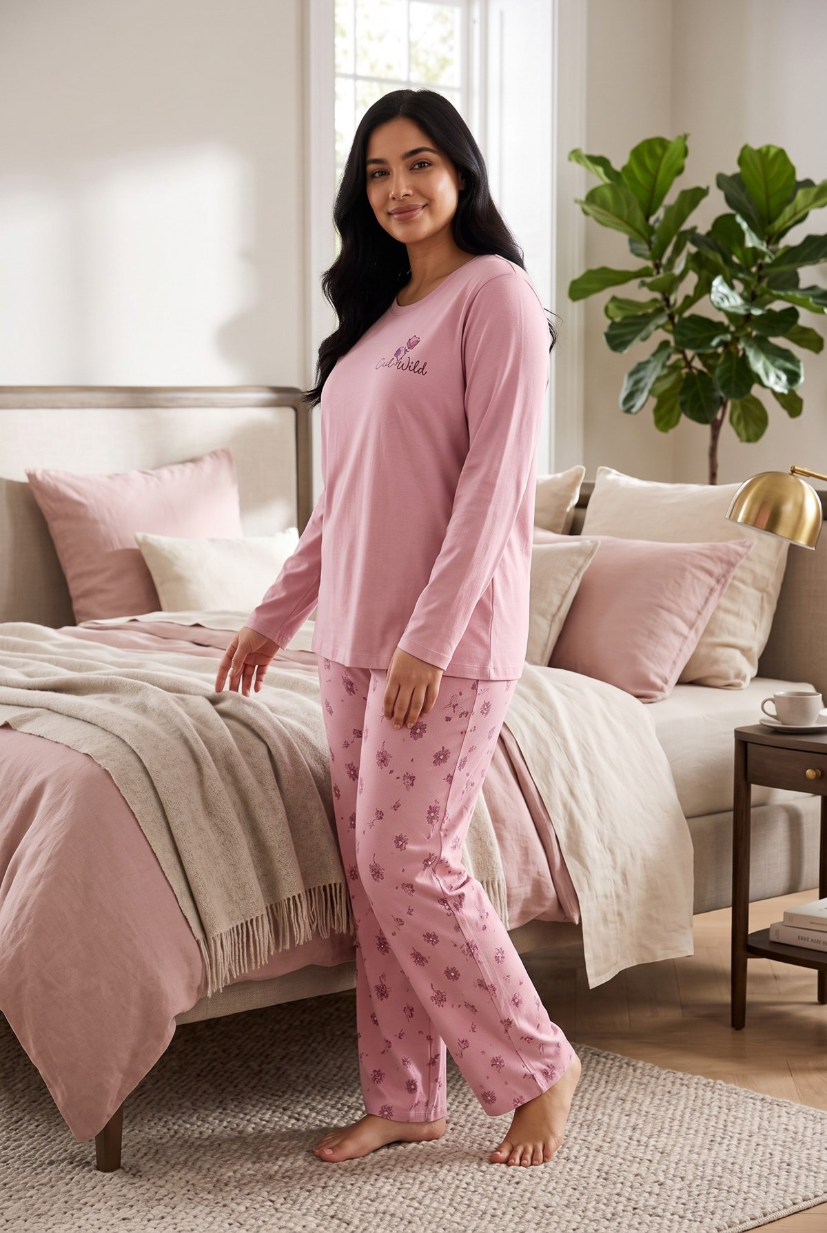 Mevsimlik Kumaş Bisiklet Yaka Uzun Kollu Büyük Beden Kadın Pijama Takımı 400