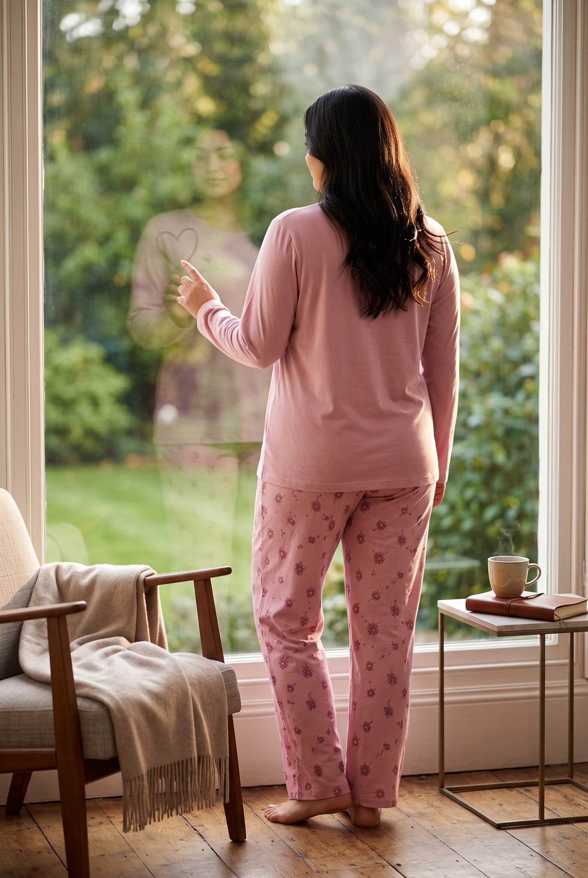 Mevsimlik Kumaş Bisiklet Yaka Uzun Kollu Büyük Beden Kadın Pijama Takımı 400