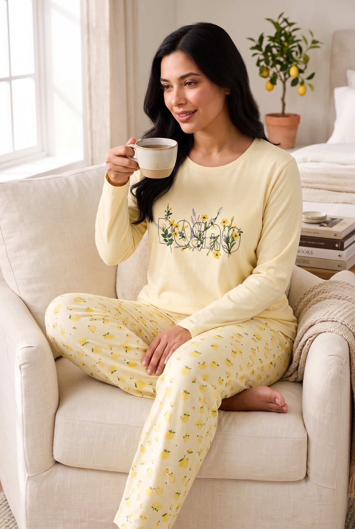 Mevsimlik Kumaş Bisiklet Yaka Uzun Kollu Büyük Beden Kadın Pijama Takımı 400