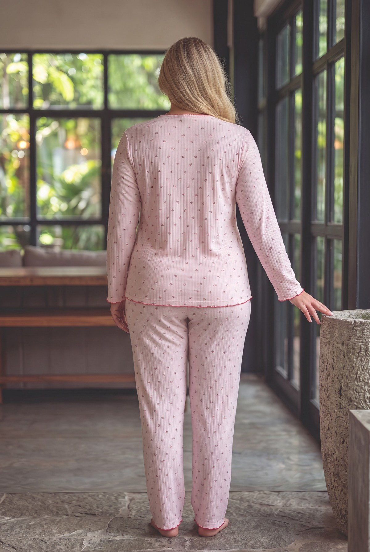 Raporlu İnterlok Kumaş Yakası Düğmeli Kışlık Büyük Beden Kadın Pijama Takımı 2900