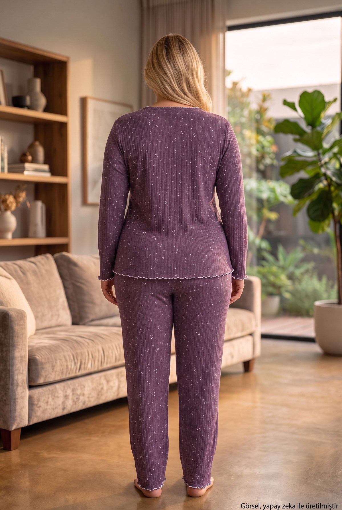 Raporlu İnterlok Kumaş Yakası Düğmeli Kışlık Büyük Beden Kadın Pijama Takımı 2950