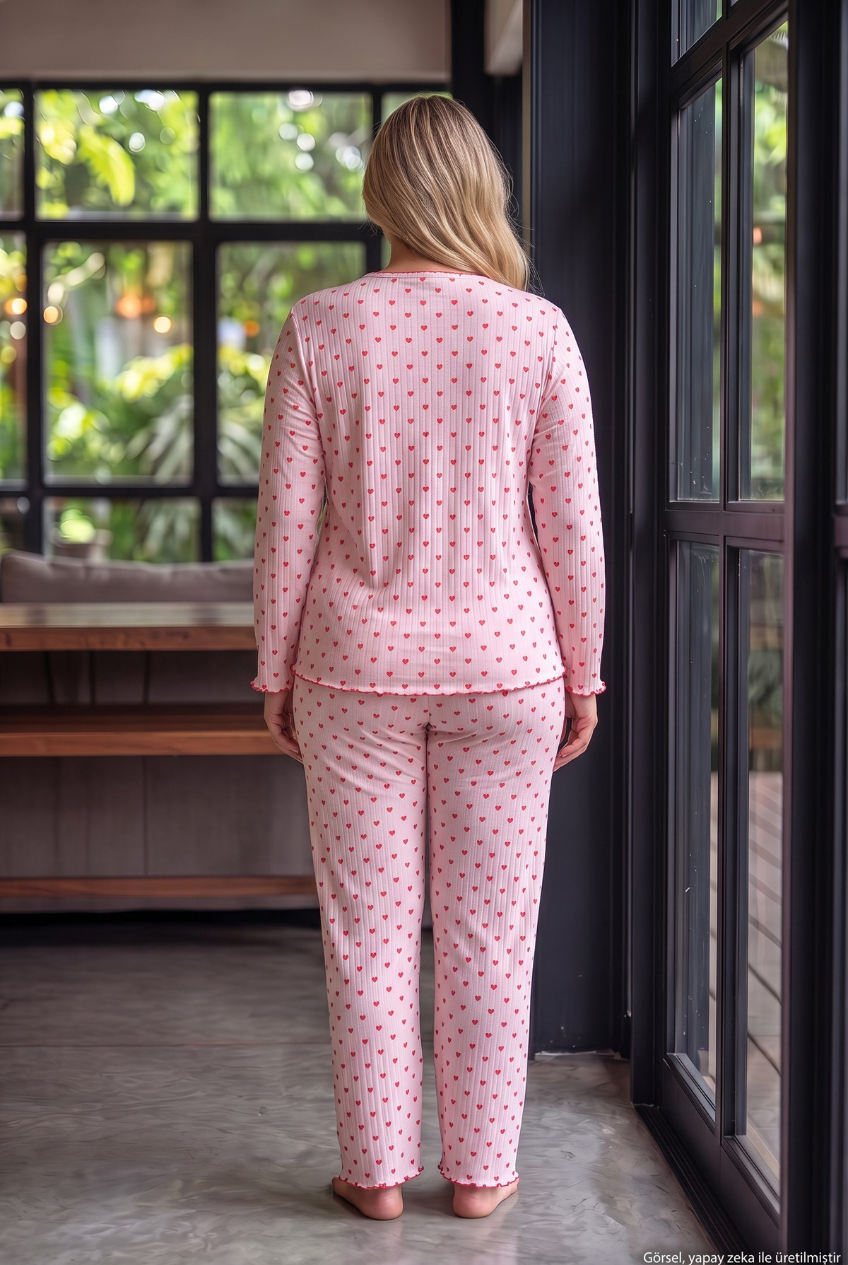 Raporlu İnterlok Kumaş Yakası Düğmeli Kışlık Büyük Beden Kadın Pijama Takımı 2950