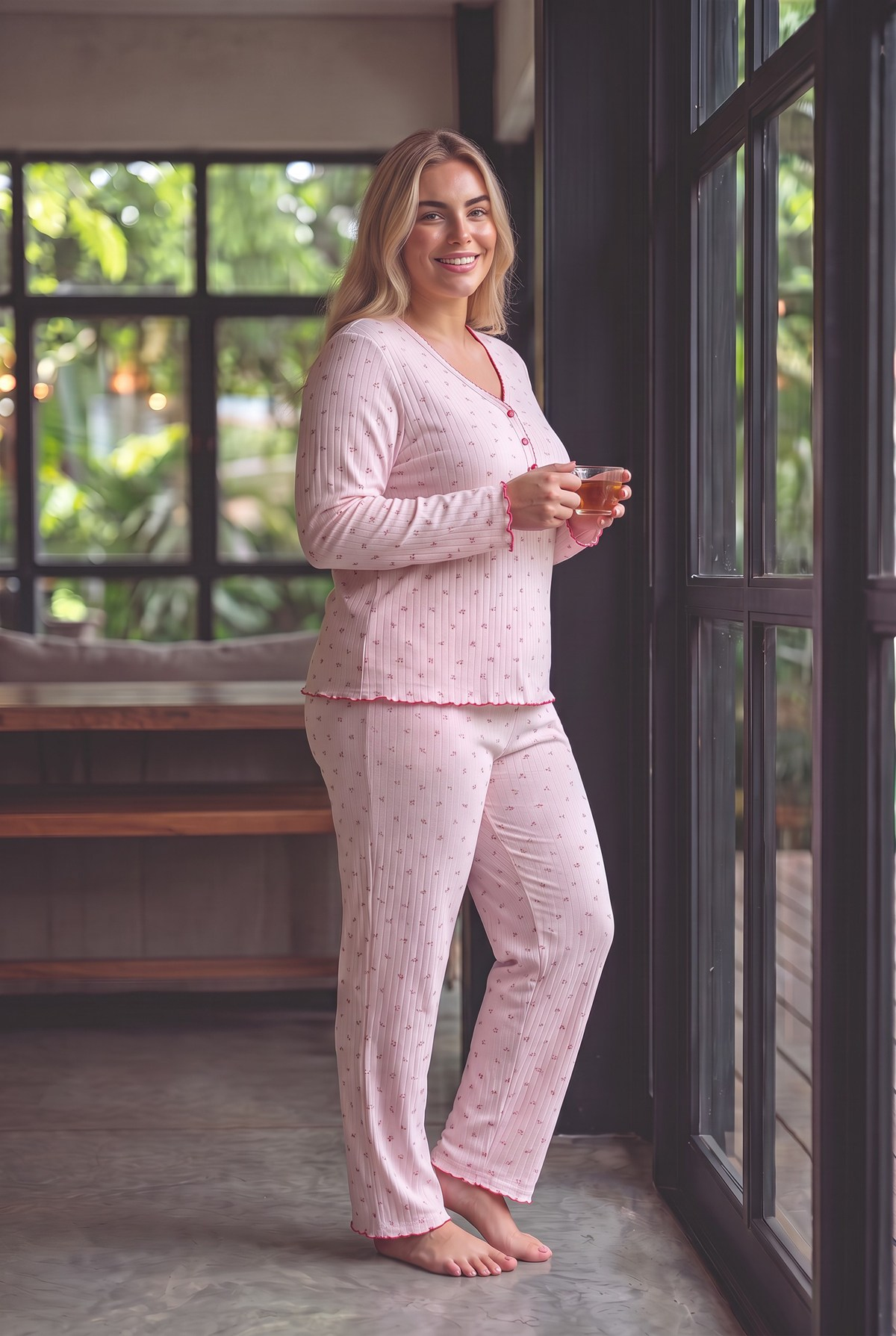Raporlu İnterlok Kumaş Yakası Düğmeli Kışlık Büyük Beden Kadın Pijama Takımı 2900