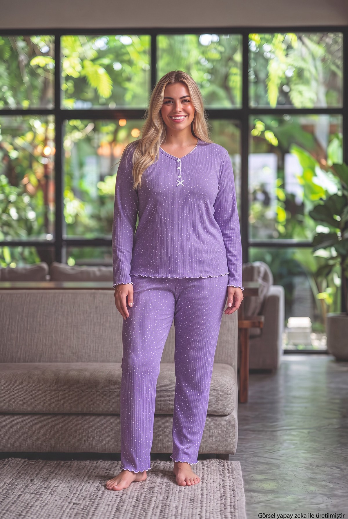 Raporlu İnterlok Kumaş Yakası Düğmeli Kışlık Büyük Beden Kadın Pijama Takımı 2950