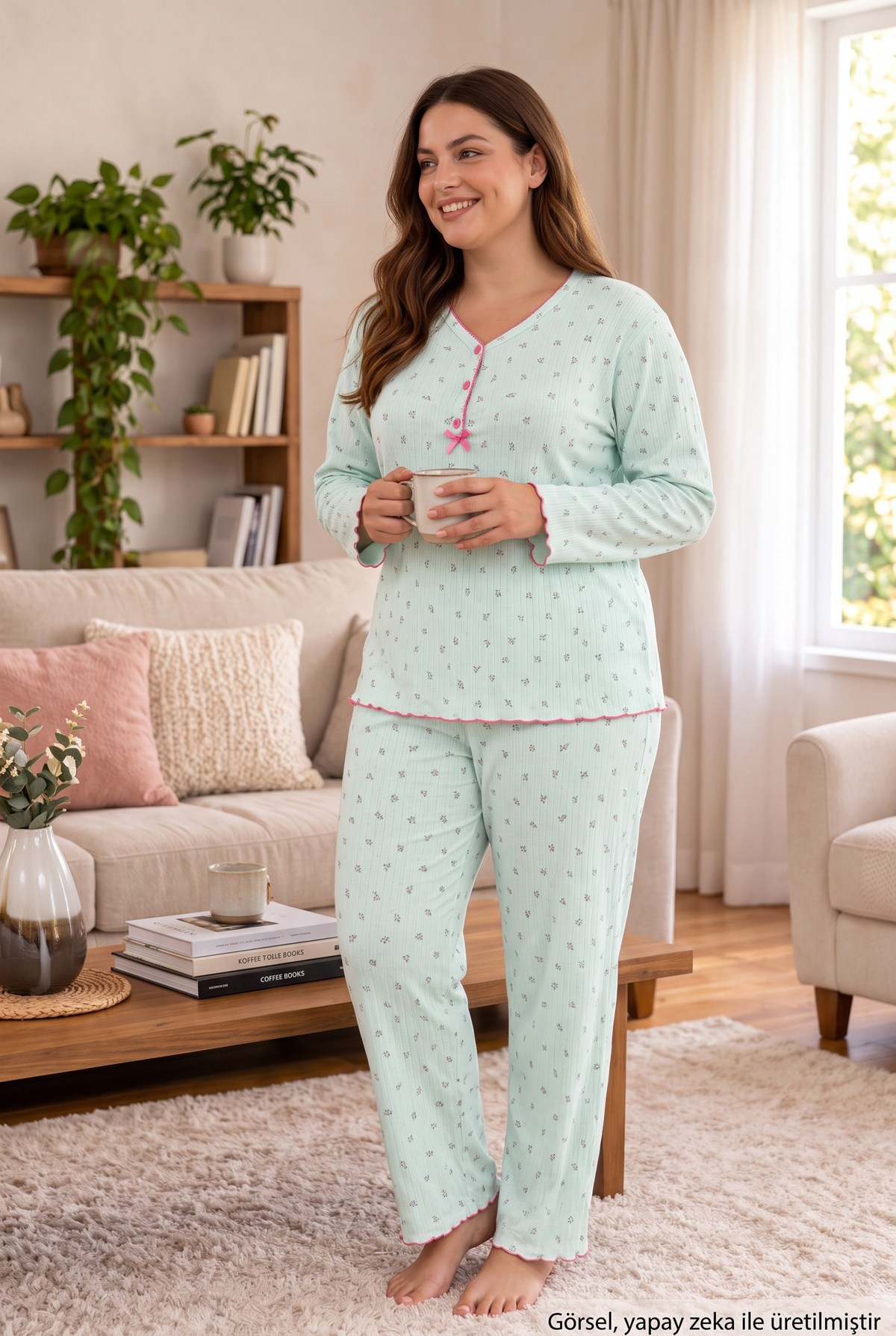 Raporlu İnterlok Kumaş Yakası Düğmeli Kışlık Büyük Beden Kadın Pijama Takımı 2950