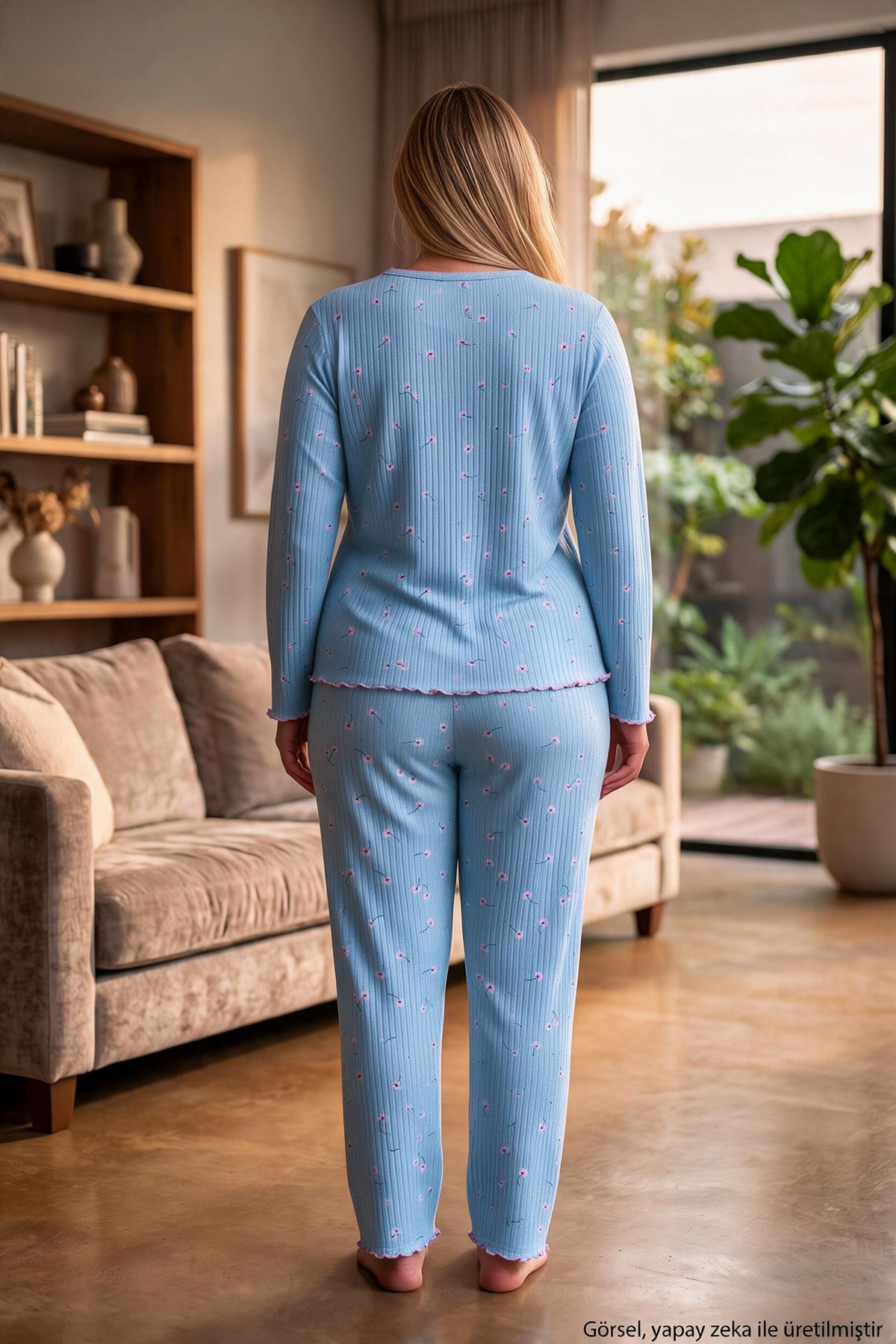 Raporlu İnterlok Kumaş Yakası Düğmeli Kışlık Büyük Beden Kadın Pijama Takımı 2950