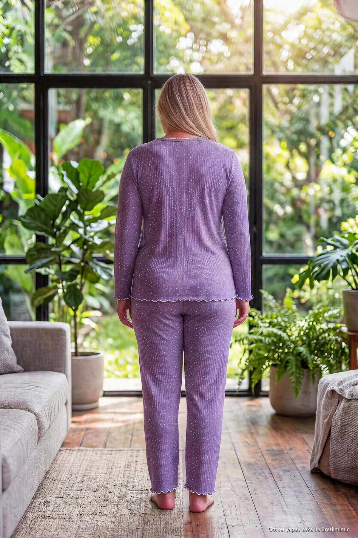 Raporlu İnterlok Kumaş Yakası Düğmeli Kışlık Büyük Beden Kadın Pijama Takımı 2950