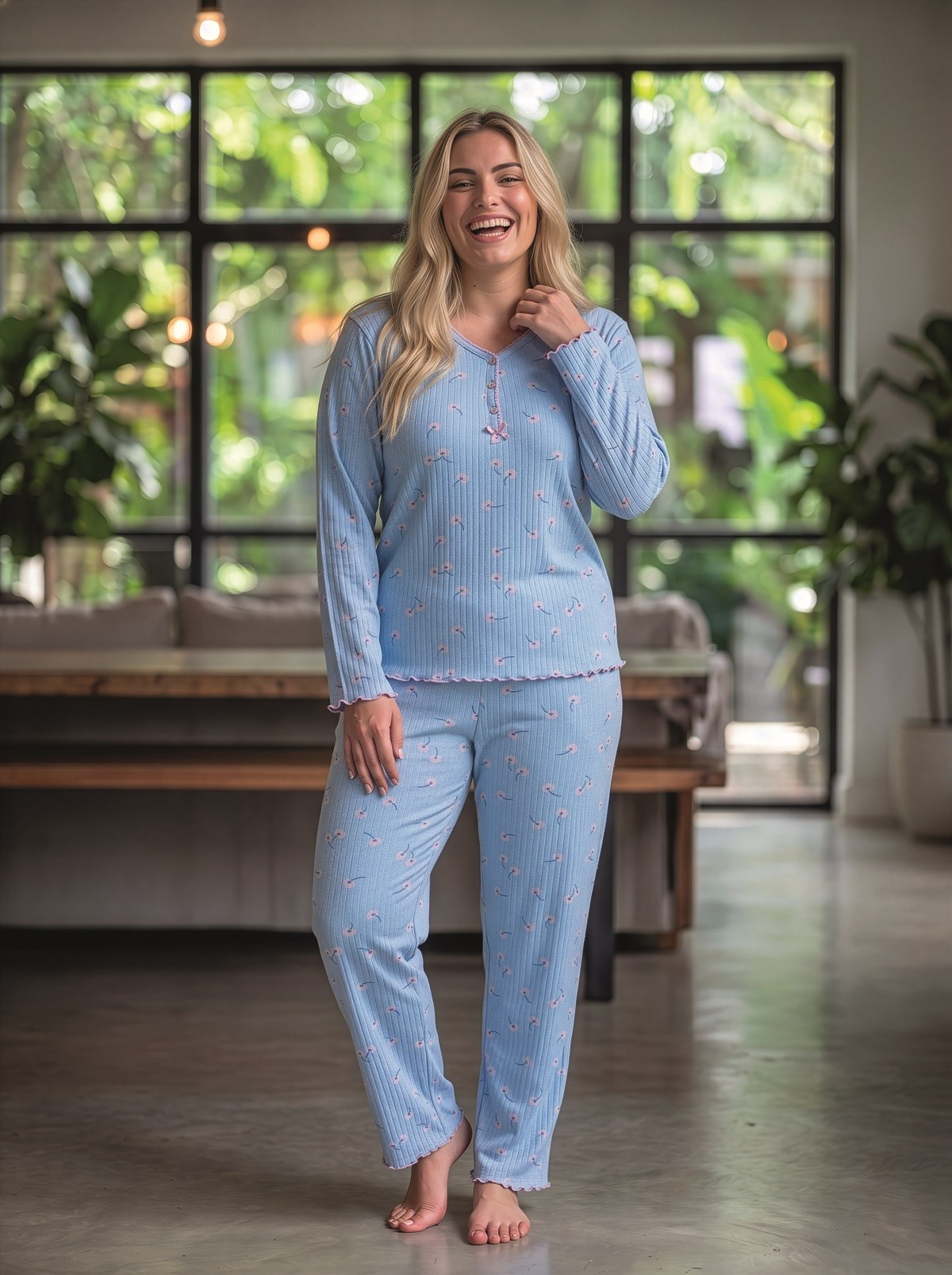 Raporlu İnterlok Kumaş Yakası Düğmeli Kışlık Büyük Beden Kadın Pijama Takımı 2950
