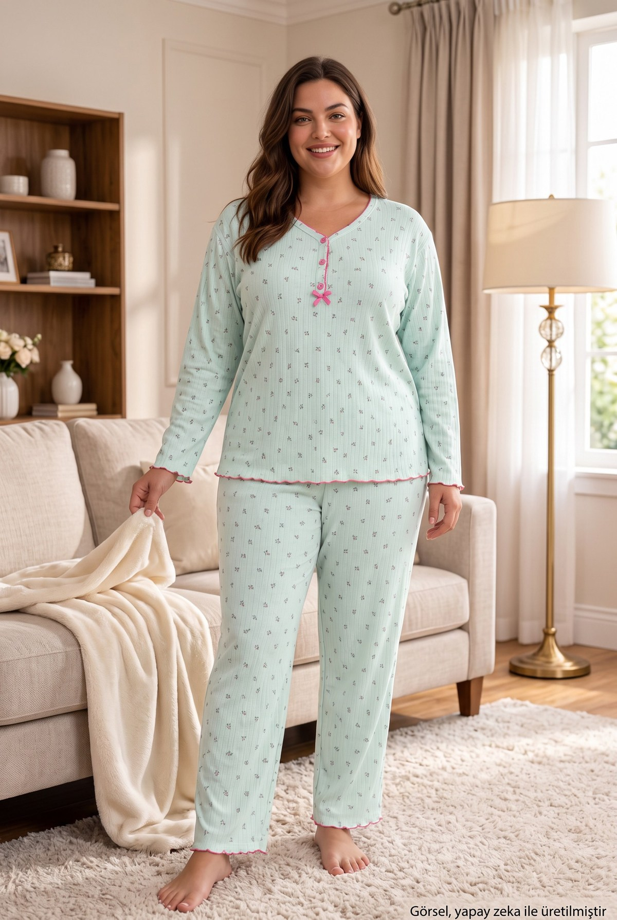 Raporlu İnterlok Kumaş Yakası Düğmeli Kışlık Büyük Beden Kadın Pijama Takımı 2950