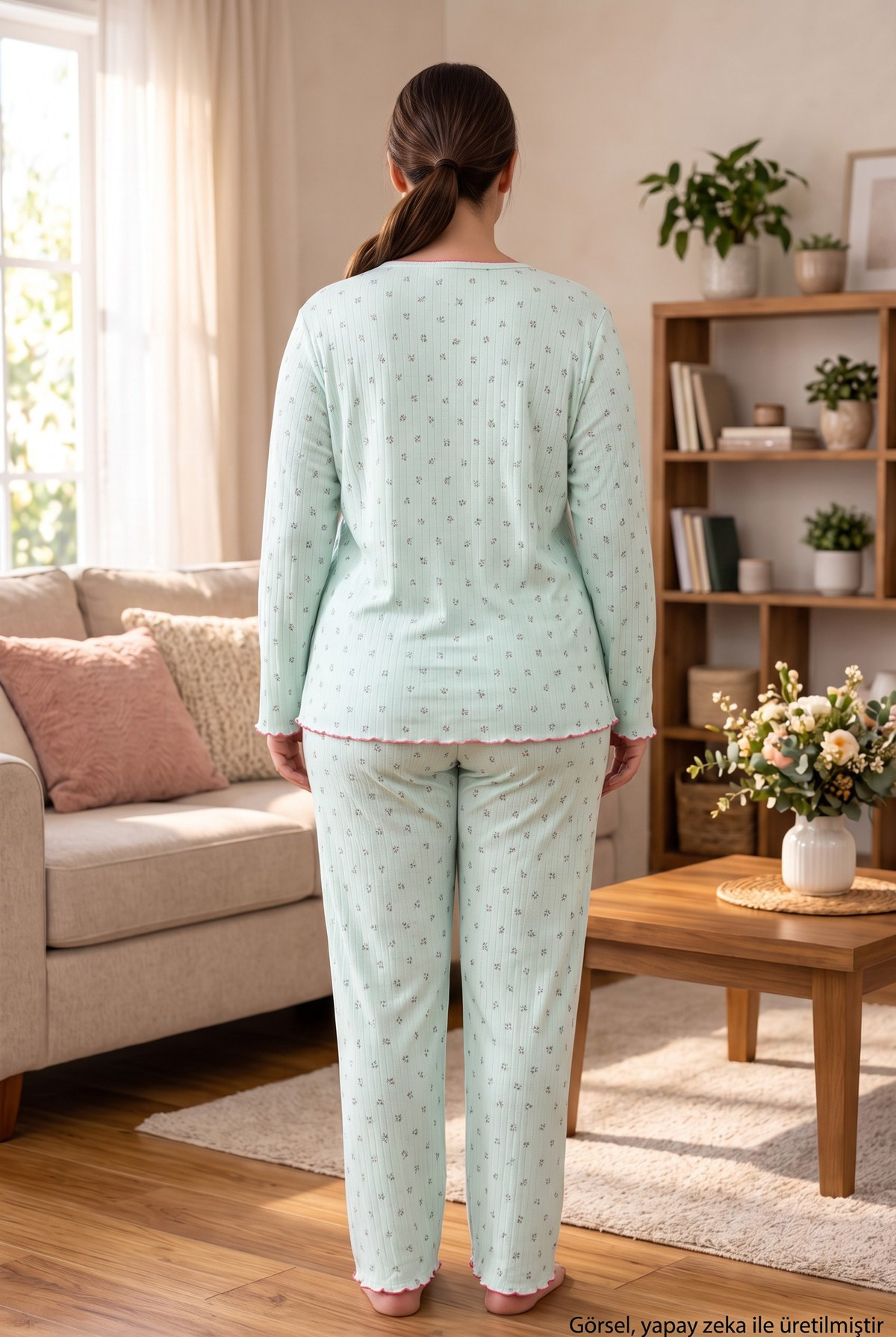 Raporlu İnterlok Kumaş Yakası Düğmeli Kışlık Büyük Beden Kadın Pijama Takımı 2950