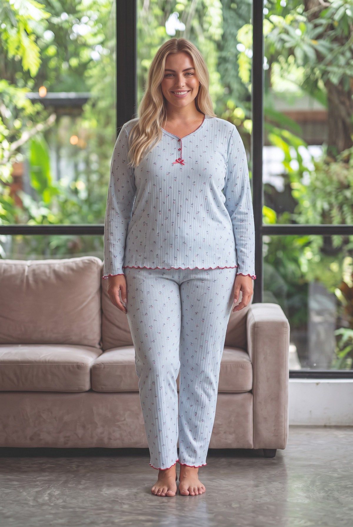 Raporlu İnterlok Kumaş Yakası Düğmeli Kışlık Büyük Beden Kadın Pijama Takımı 2900