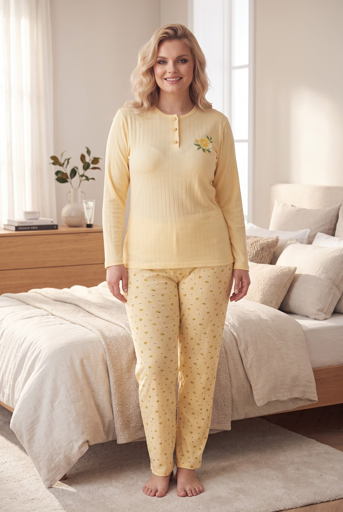 Şardonlu İnterlok Kumaş Yakası Düğmeli Kışlık Büyük Beden Kadın Pijama Takımı 2700