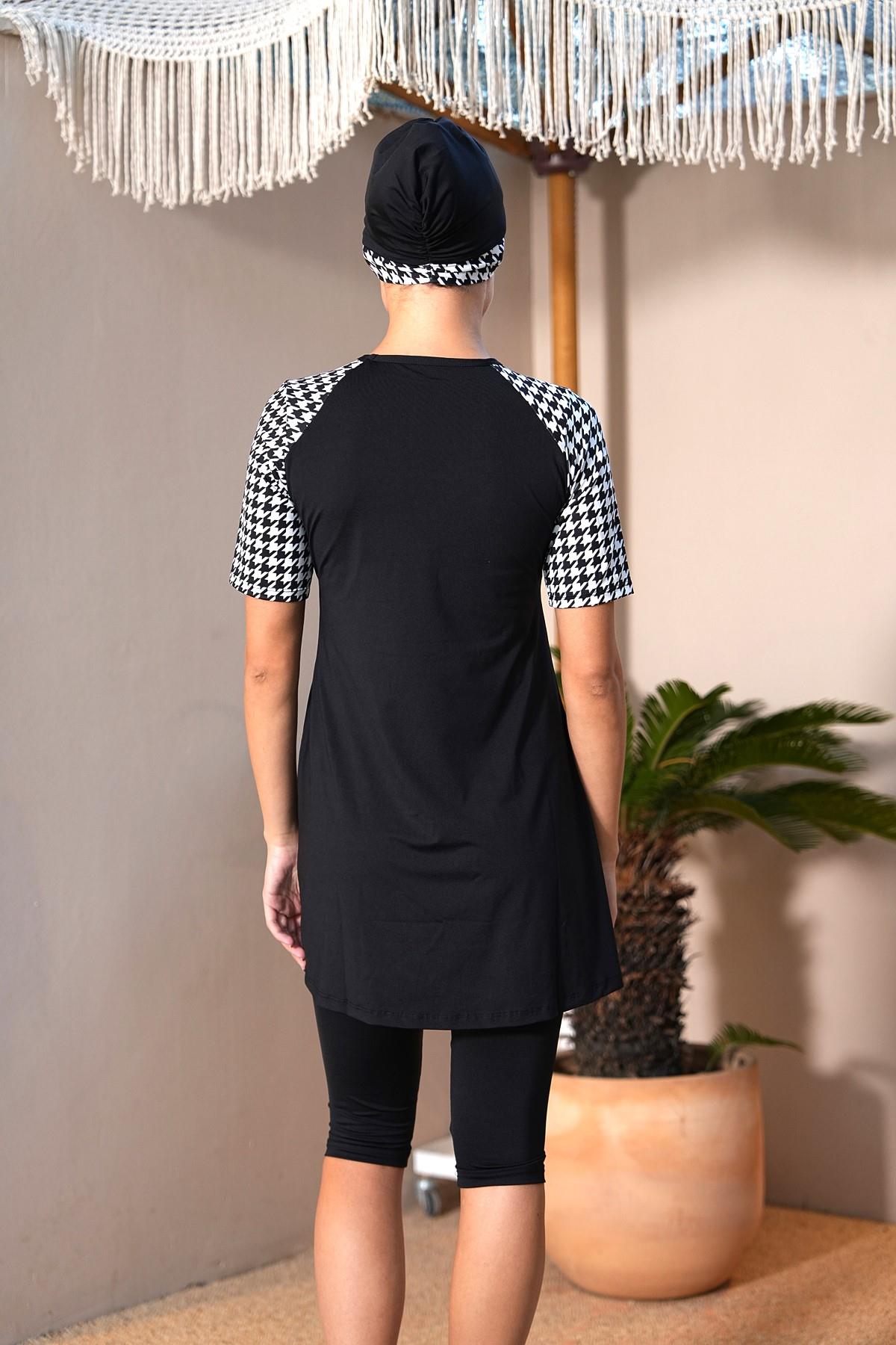 SEBOTEKS Desen Detaylı Kısa Kol Yarı Kapalı Tesettür Mayo 3160